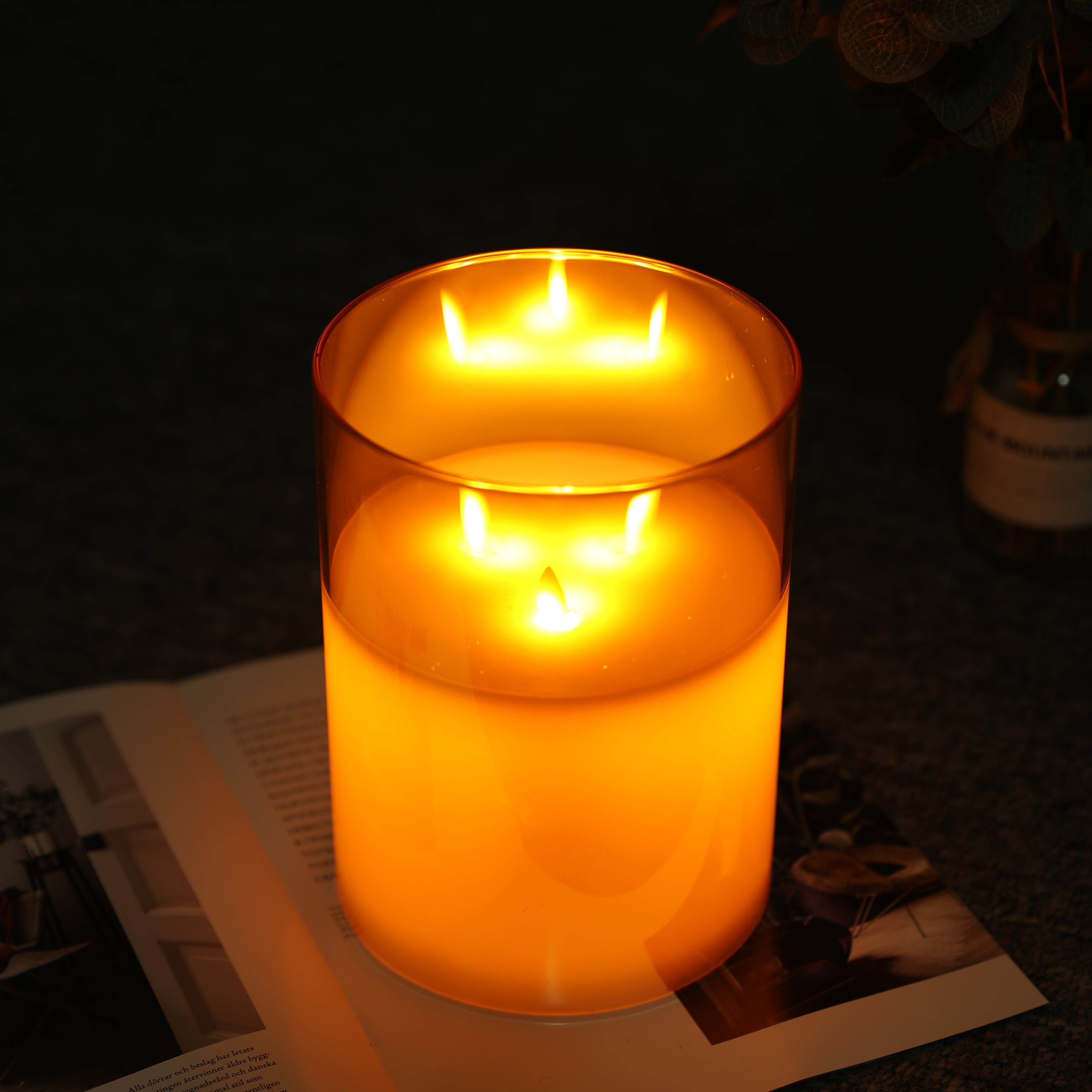 8''High 3-Wick Glass Battery Operated Flameless Candles Yellow-2