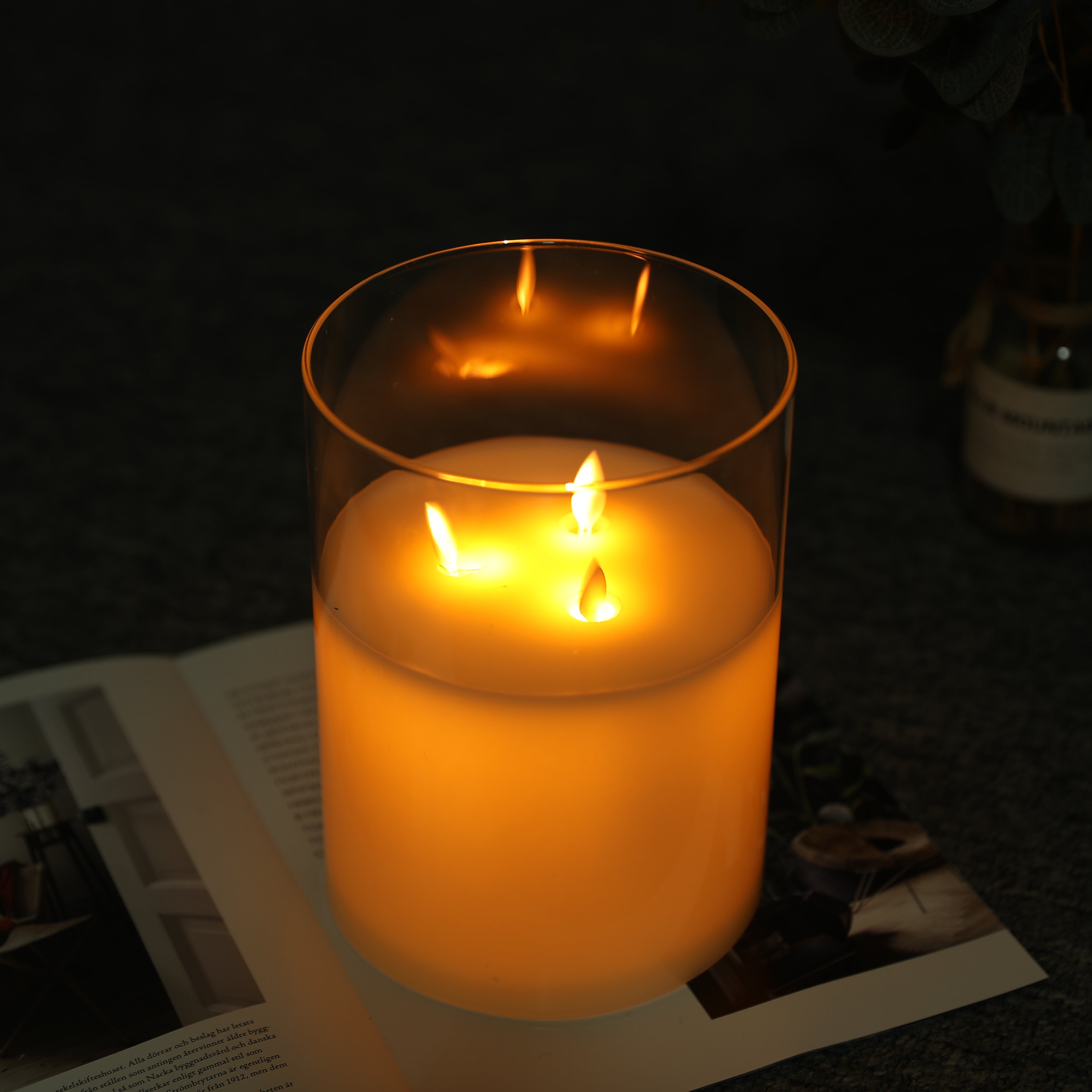 8''High 3-Wick Glass Battery Operated  Flameless Candles White-1