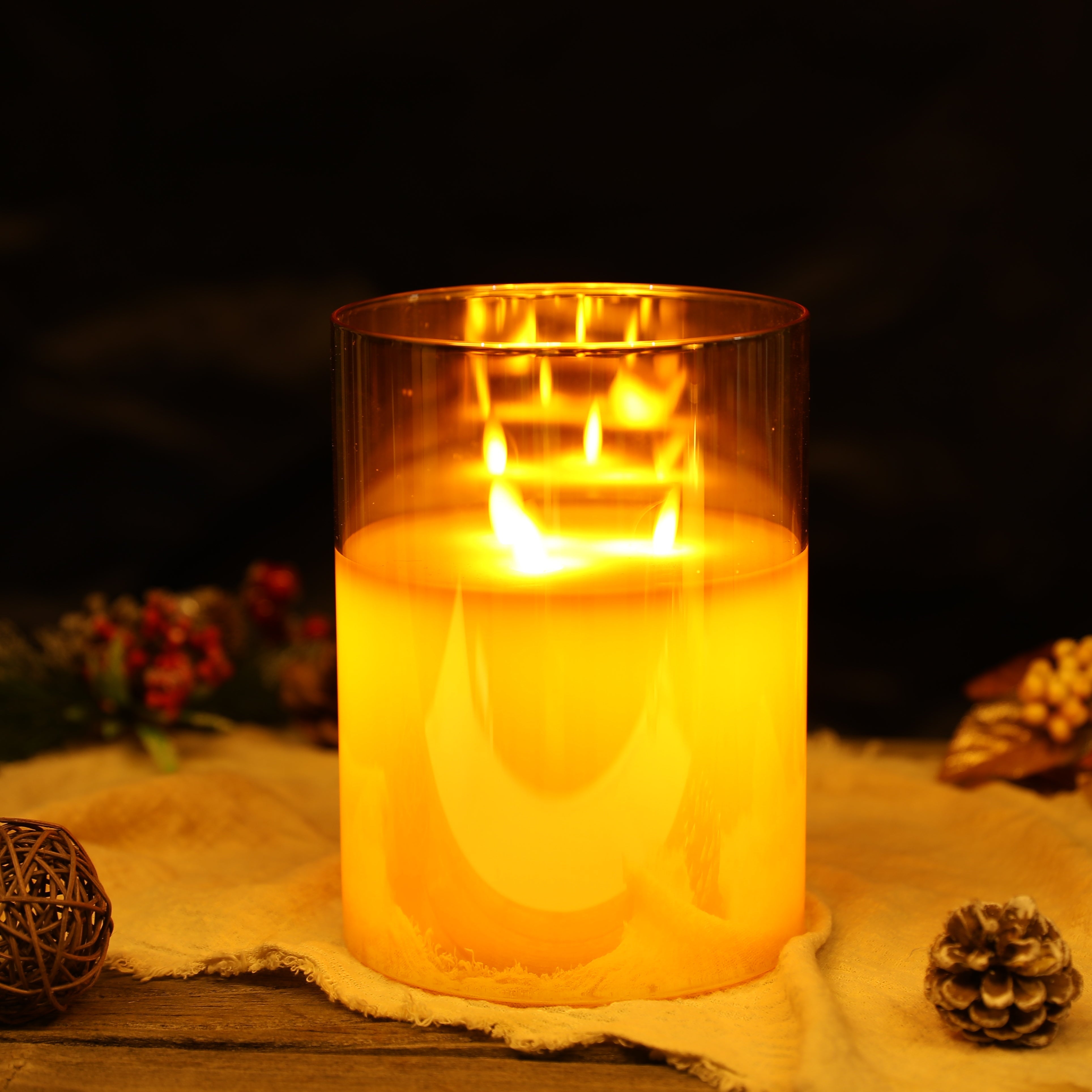 8''High 3-Wick Glass Battery Operated Flameless Candles Yellow-0