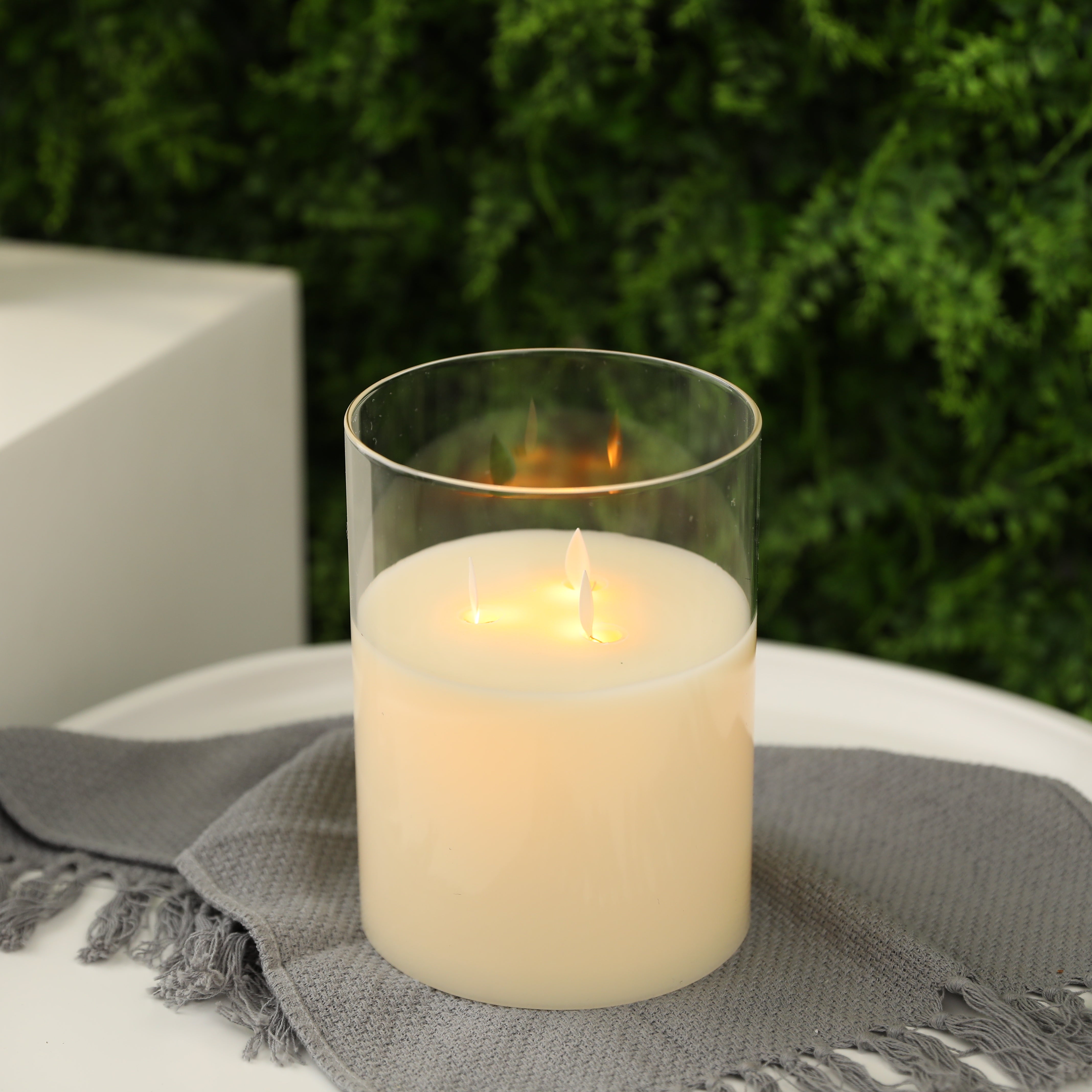 8''High 3-Wick Glass Battery Operated  Flameless Candles White-3