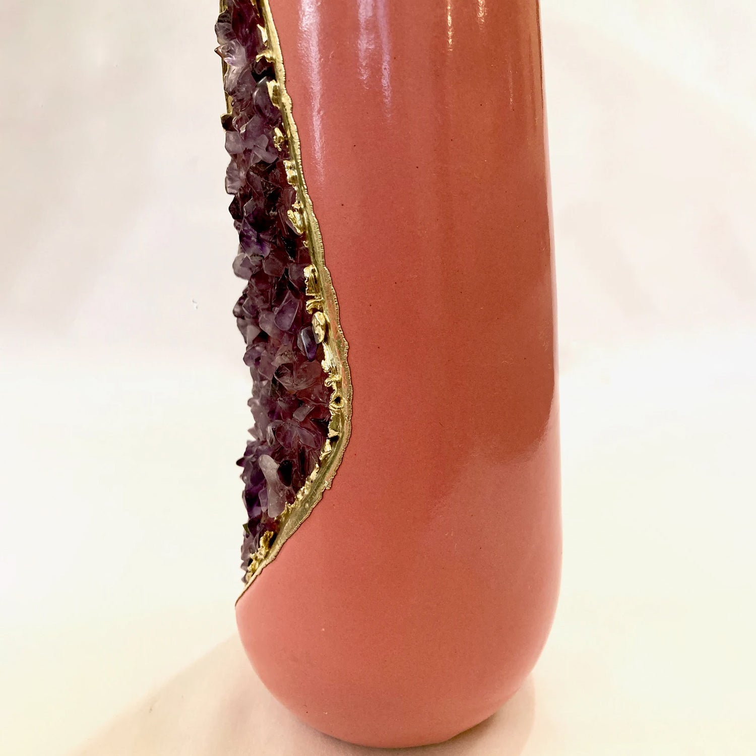 Pink and Gold Ceramic Vase/Planter/Pot/Wine Goblet/Mug with Purple Amethyst Semi-precious Agate Crystal Gemstones-3