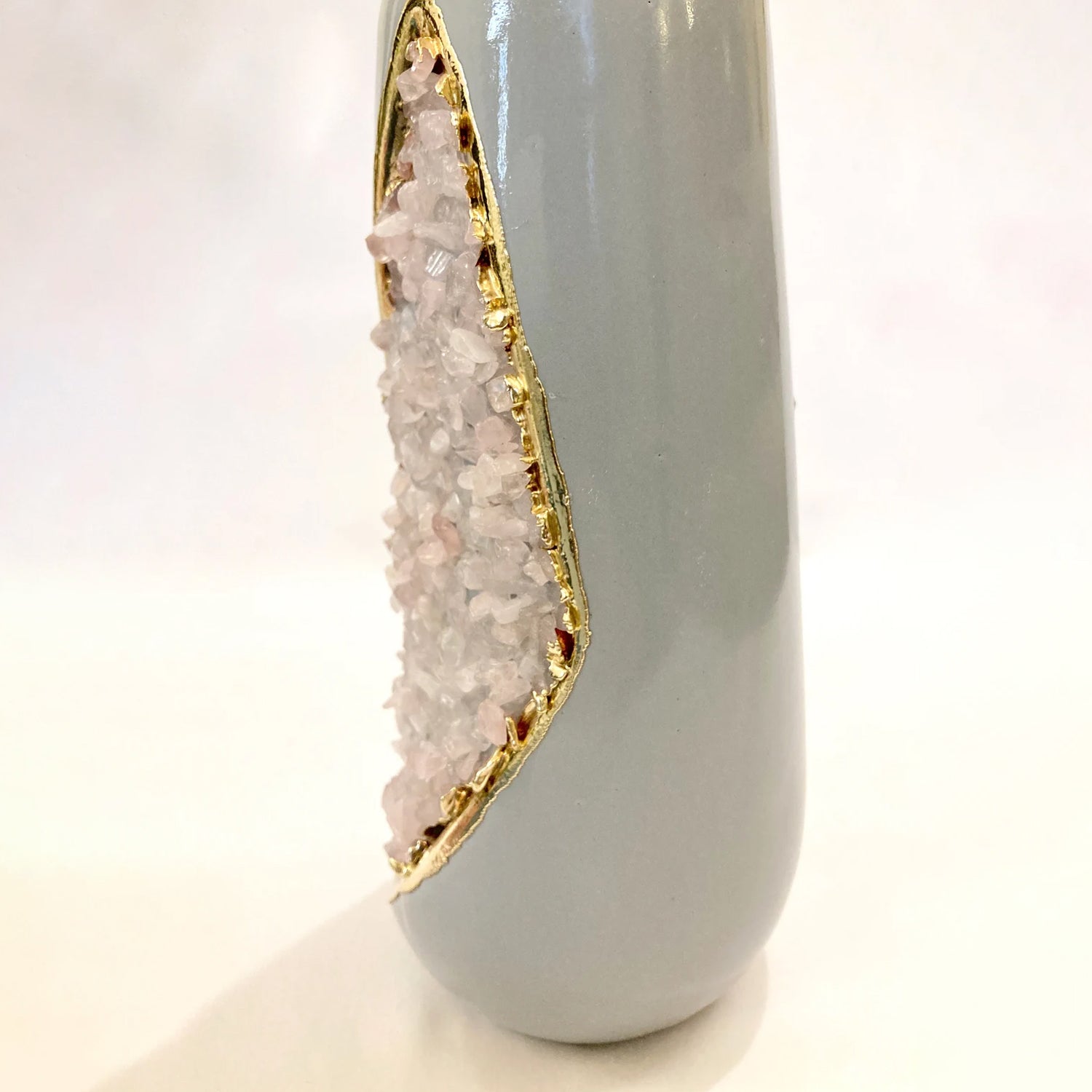 Grey and Gold Ceramic Vase/Planter/Pot/Wine Goblet/Mug with Rose Quartz Semi-precious Agate Crystal Gemstones-3