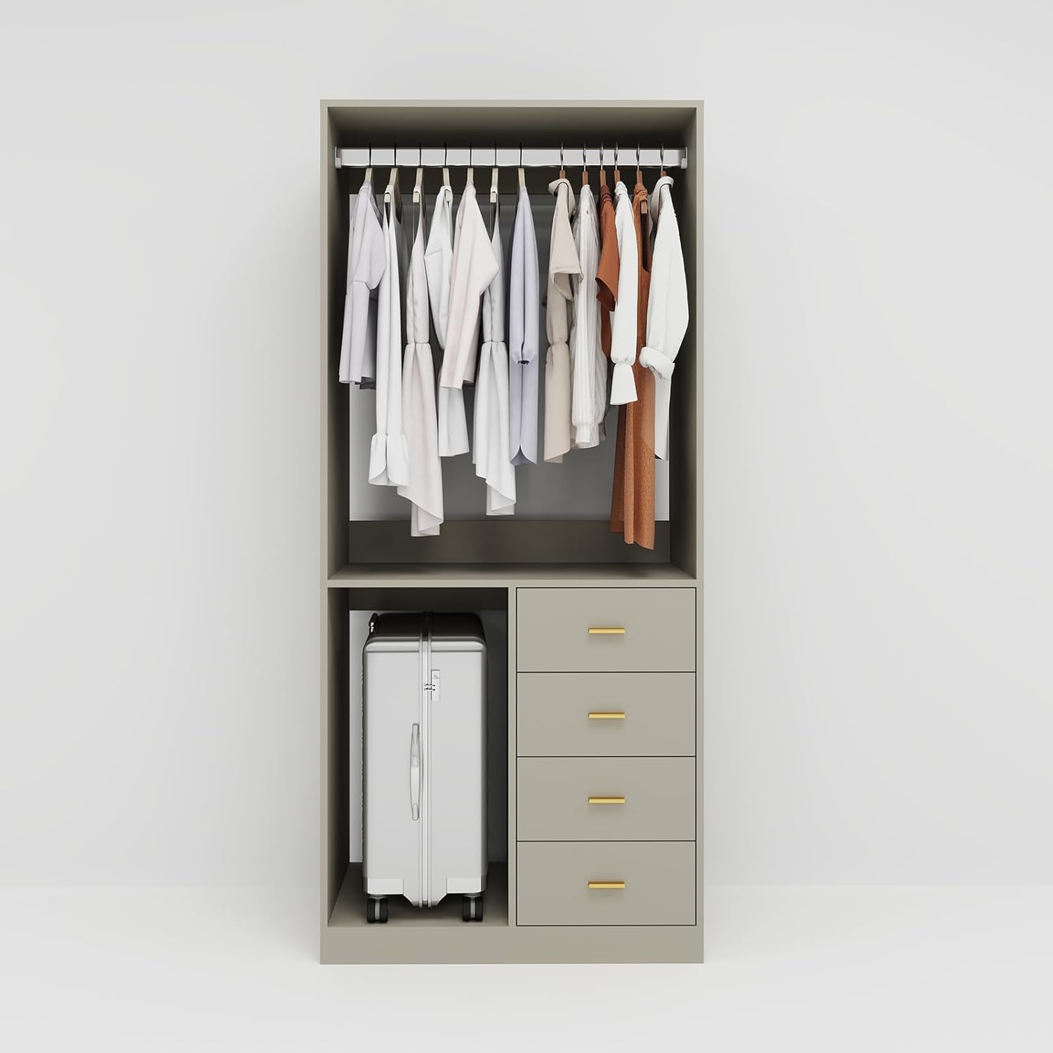 Grey Walk-In Closet System – 4-Drawer Organizer Kit with Shelves, Hanging Rod & Metal Handles