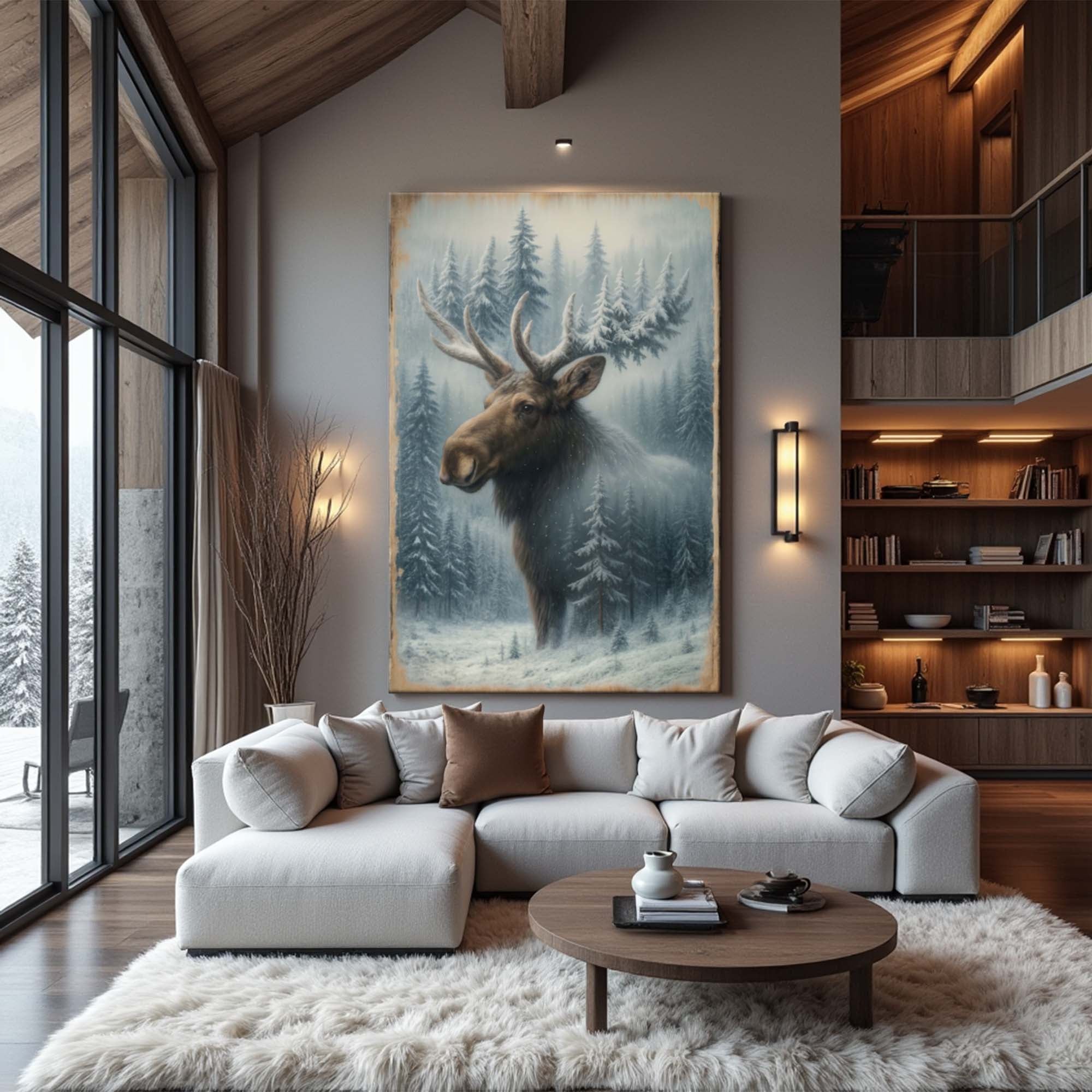 Snowy Forest Moose Double Exposure Wall Art