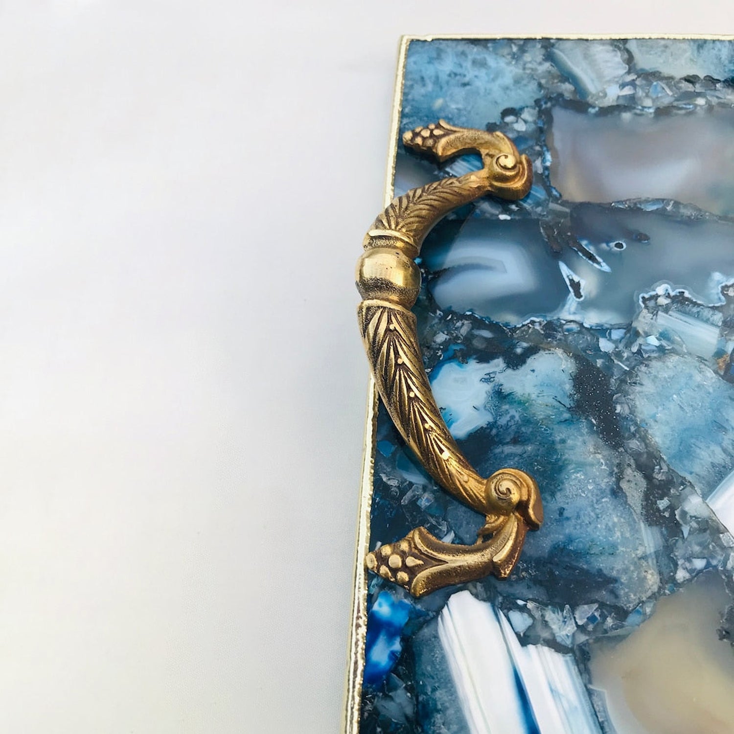 Blue Agate Serving Tray With Brass Handles-3