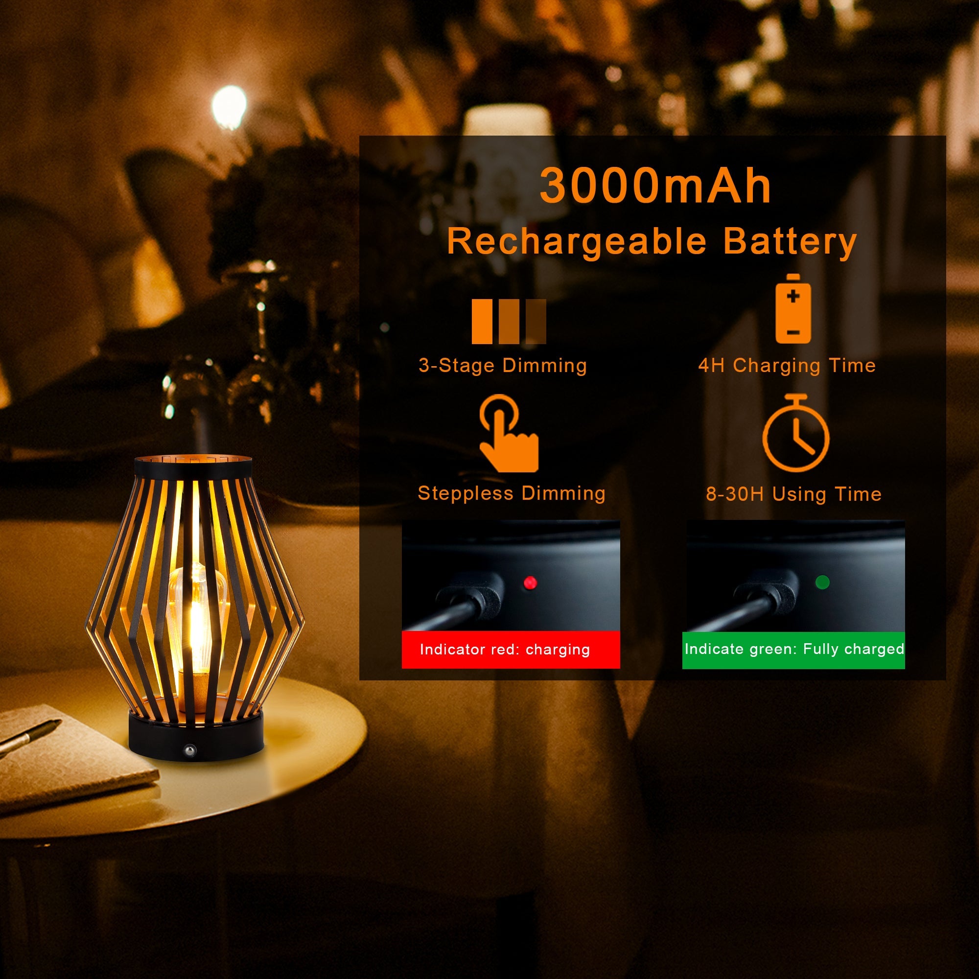 JHY DESIGN Set of 2 Dimmable Bedside Table Lamp 8.5''H Rechargeable Metal Cage Lantern with LED Edison Style Bulb Cordless Accent Lamp for Weddings Parties Patio Events for Indoors Outdoors-1