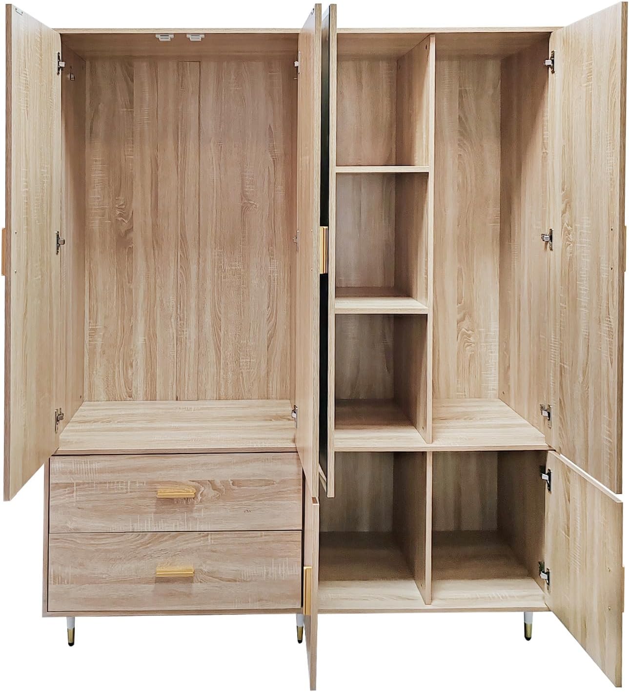 Oak Wooden Armoire Wardrobe – 4-Door Storage Cabinet with Mirror, Hanging Rods, Drawers & Shelves