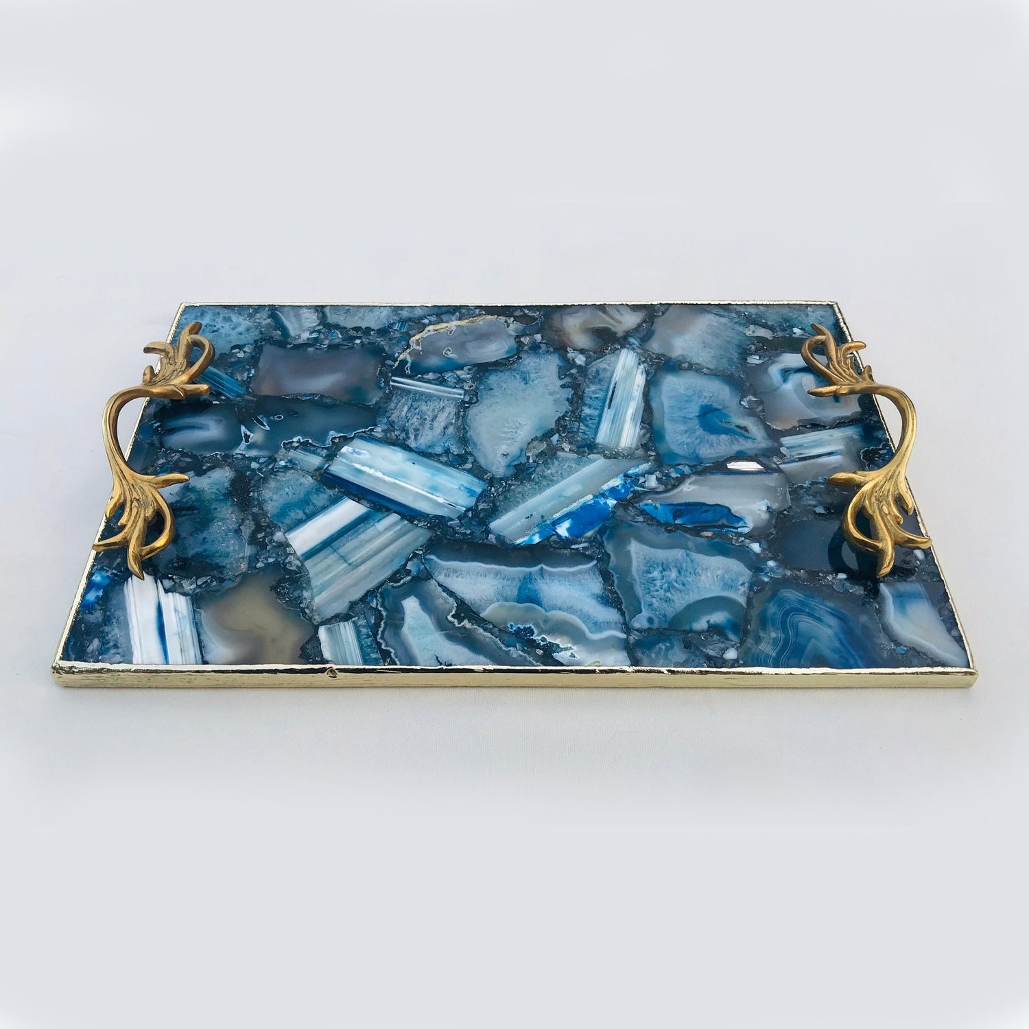 Blue Agate  Serving Tray With Brass Handles-3