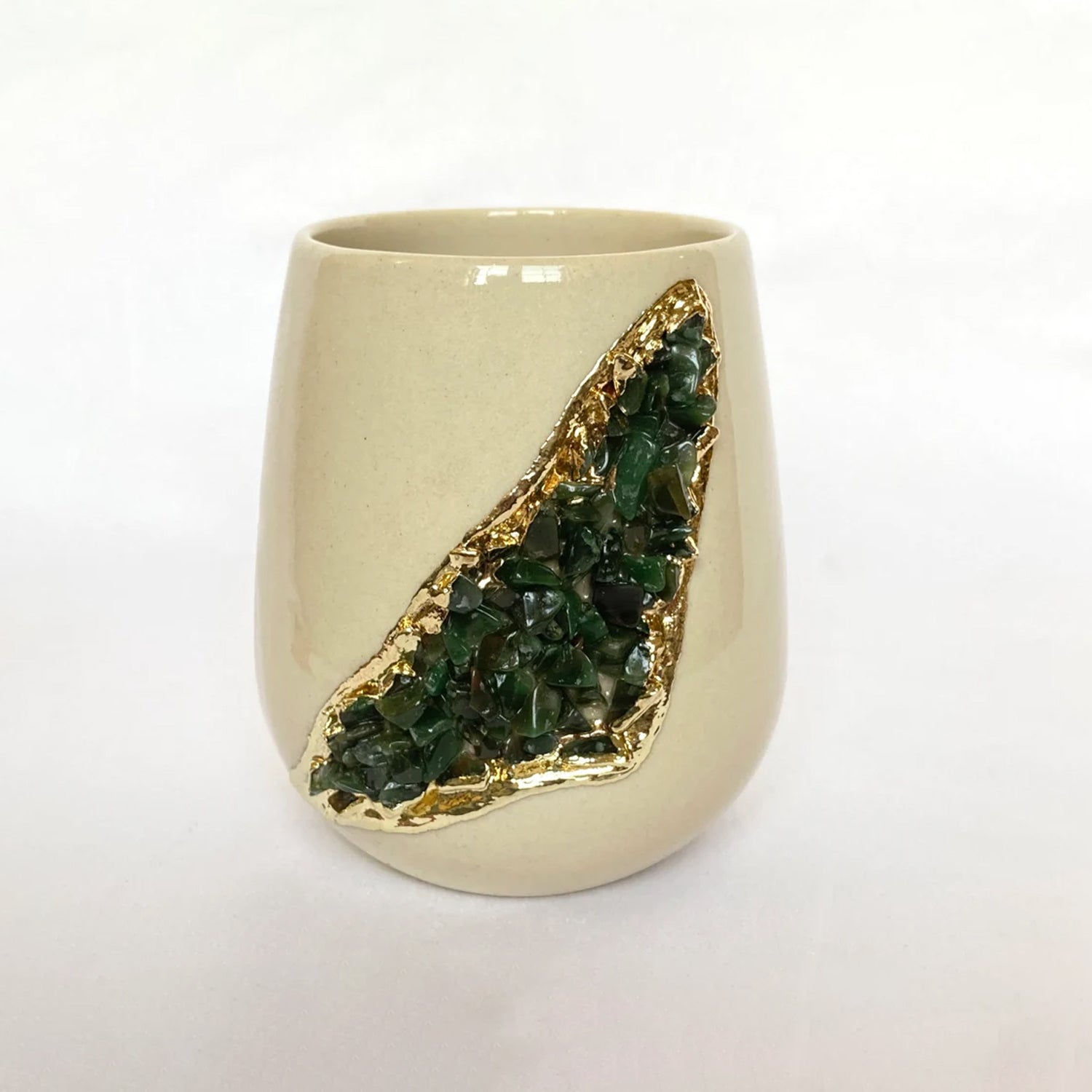 Cream and Gold Ceramic Vase/Planter/Pot/Wine Goblet/Mug with Green Semi-precious Agate Crystal Gemstones-3