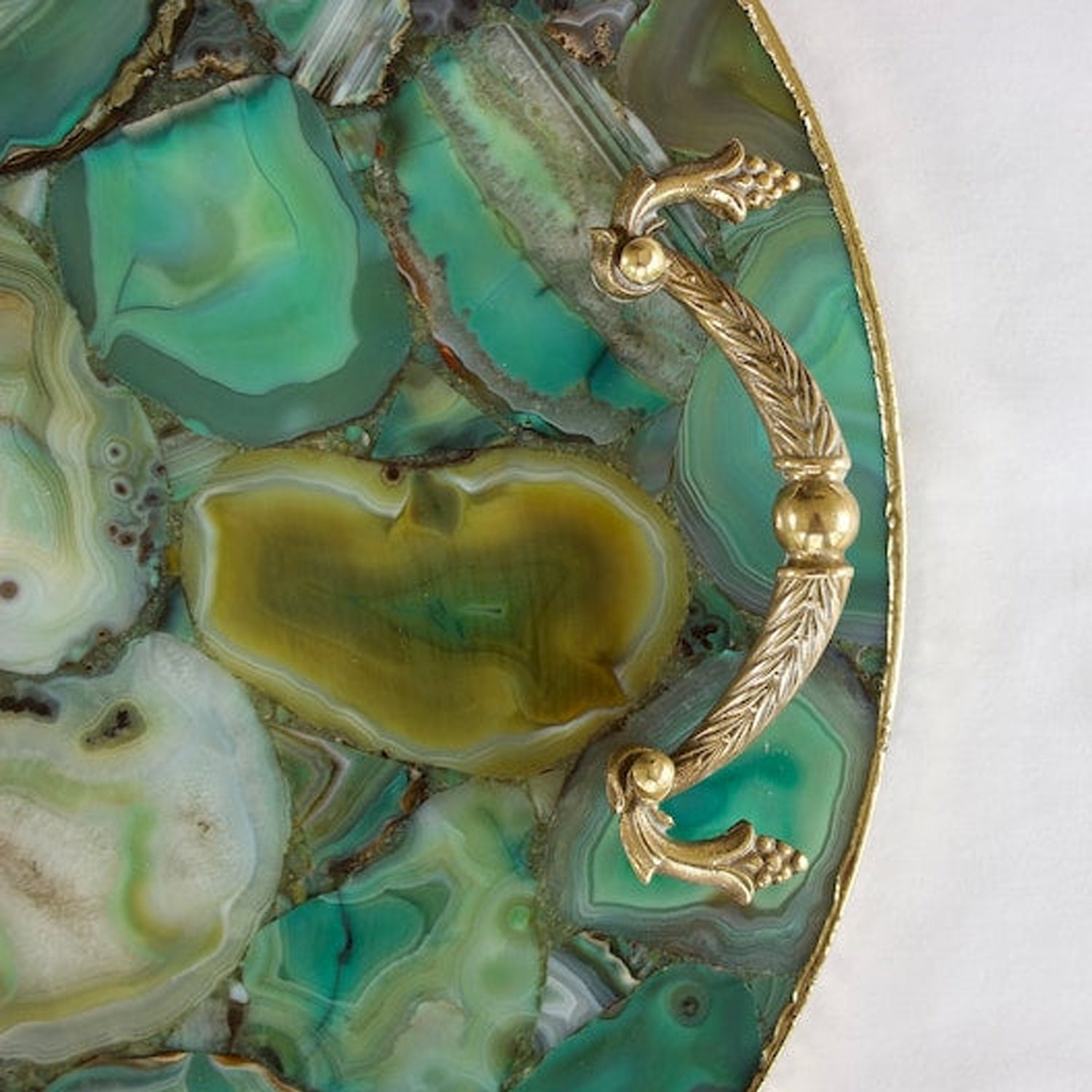 Green Agate Serving Tray With Brass Handles | Circular-3