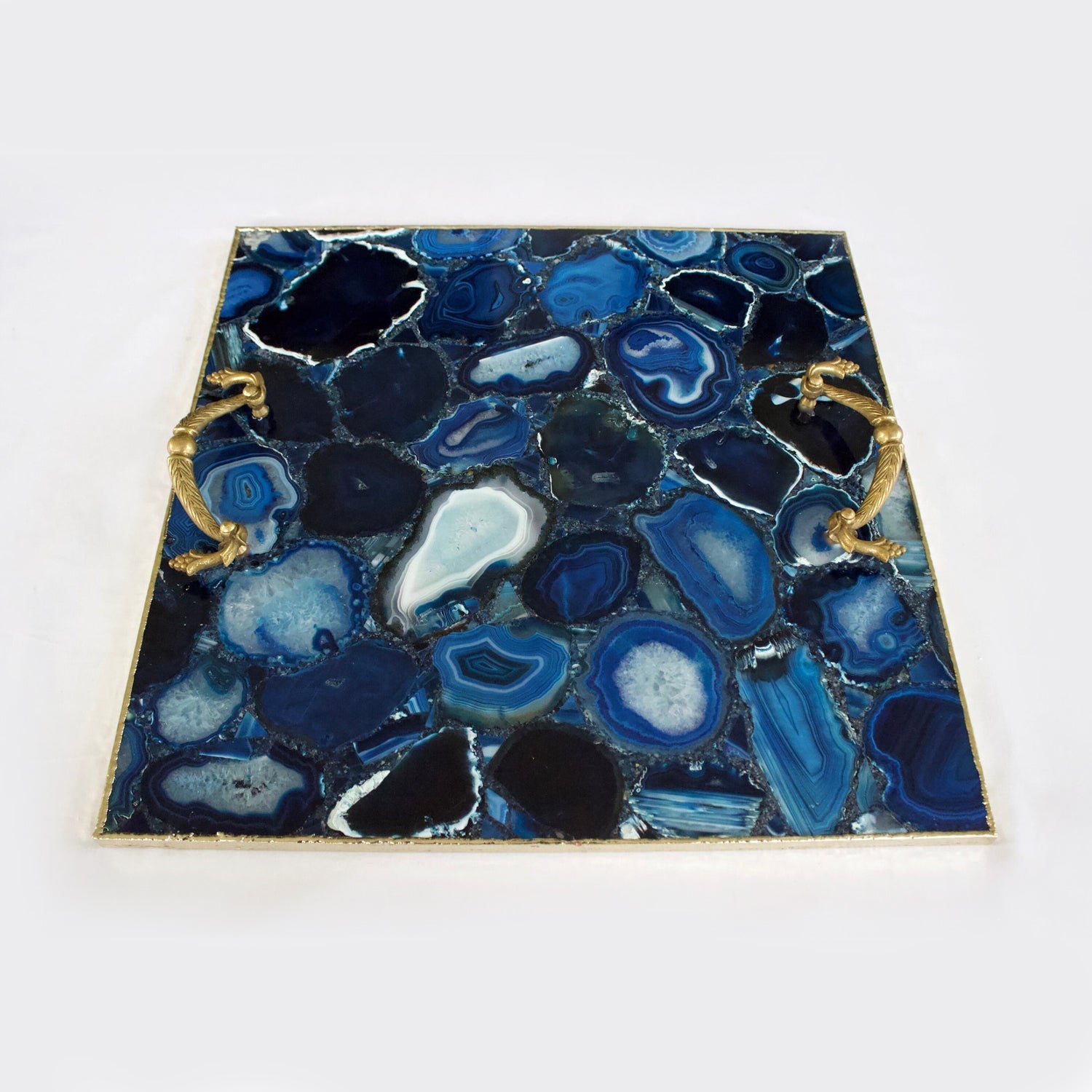 Blue Agate Serving Tray With Brass Handles | Square-1