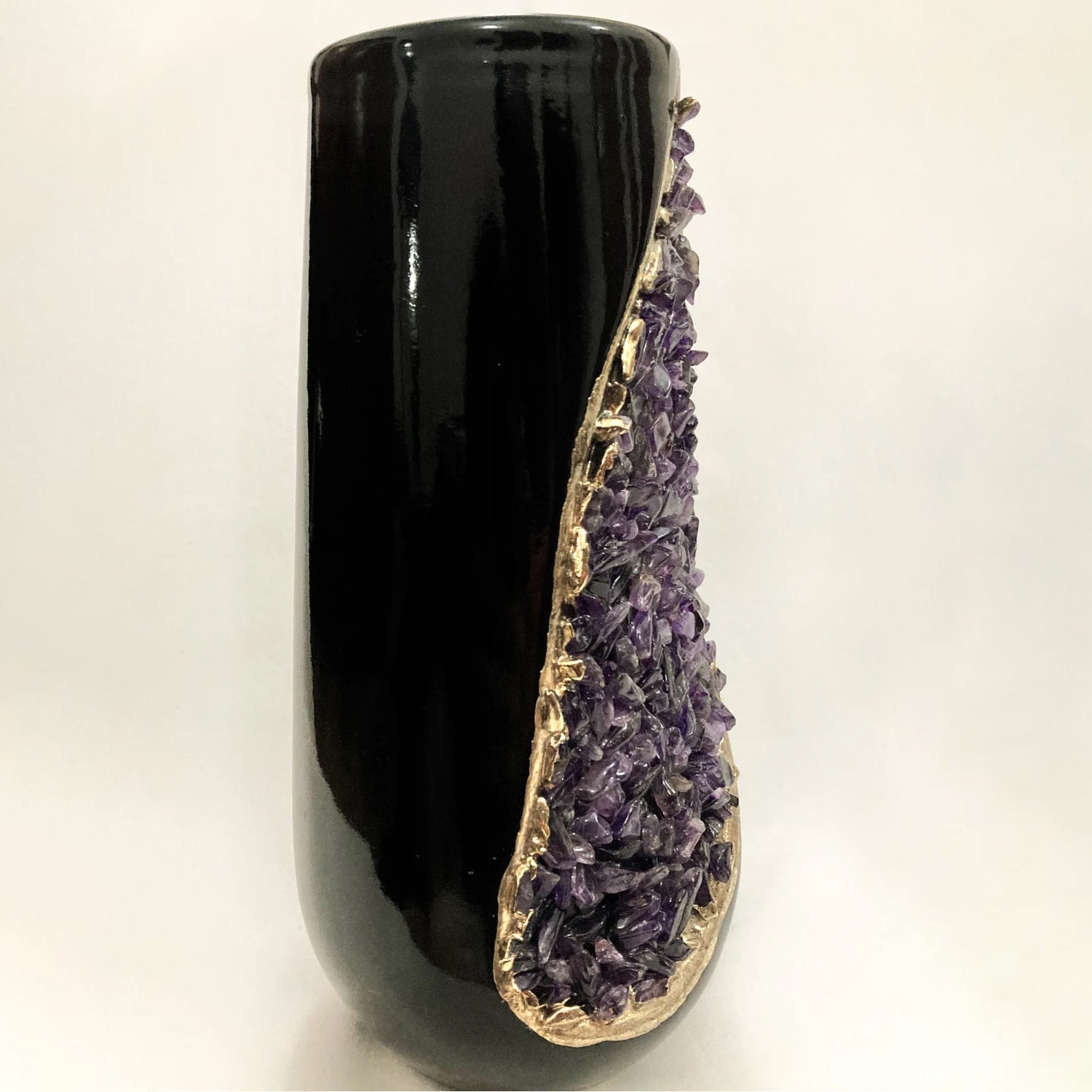 Black and Gold Ceramic Vase/Planter/Pot/Wine Goblet/Mug with Amethyst Semi-precious Agate Crystal Gemstones-3