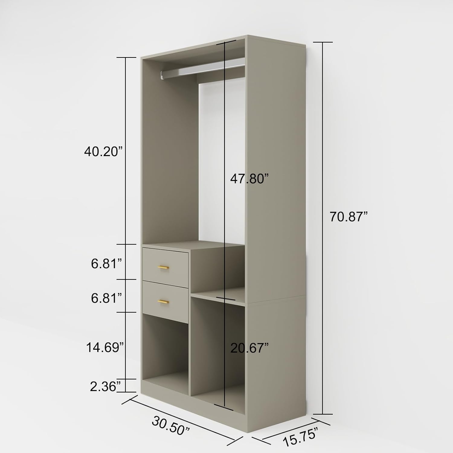 Grey Closet Organizer System – Walk-In Closet with Hanging Racks, Drawers & Shelves