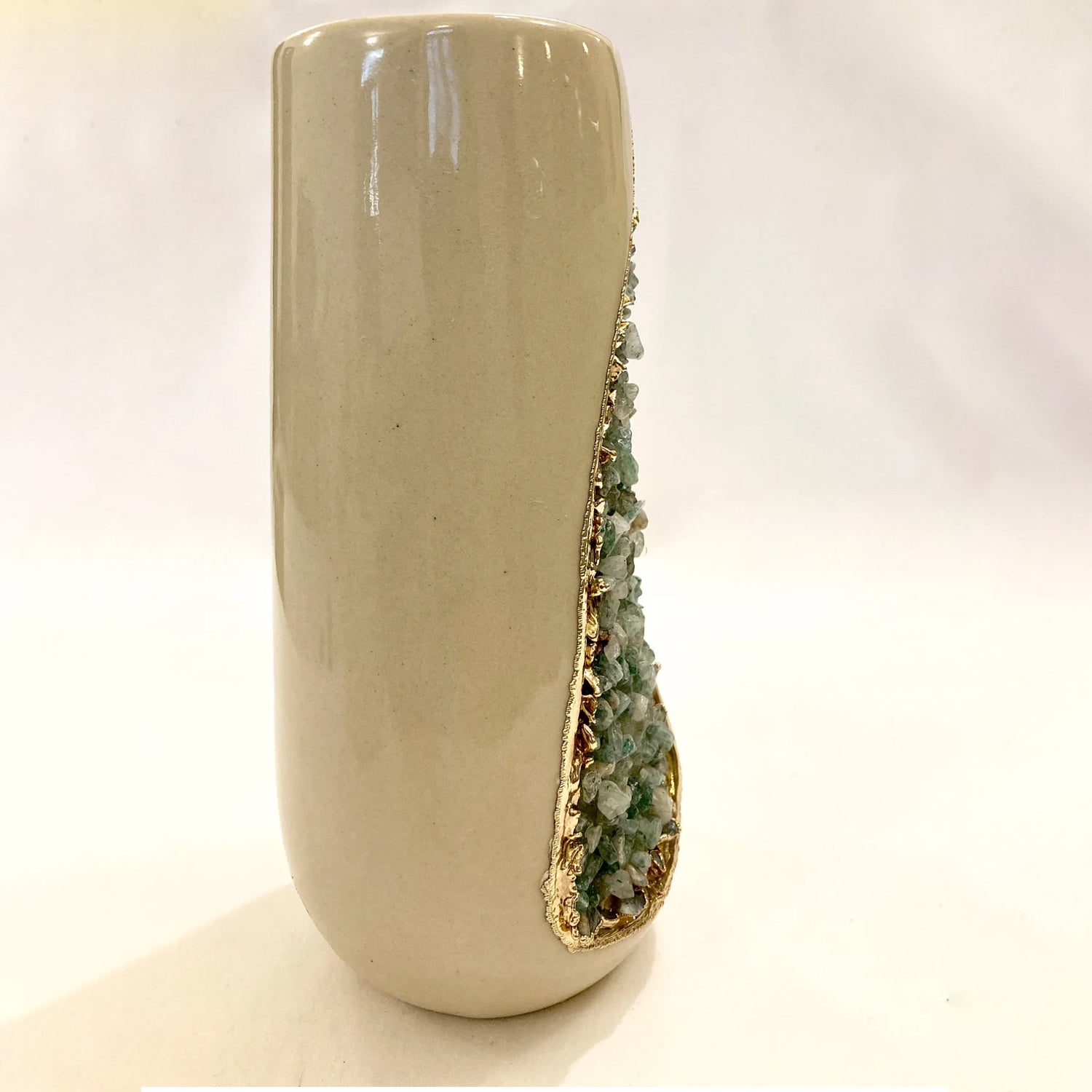 Cream and Gold Ceramic Vase/Planter/Pot/Wine Goblet/Mug with Light Green Semi-precious Agate Crystal Gemstones-3