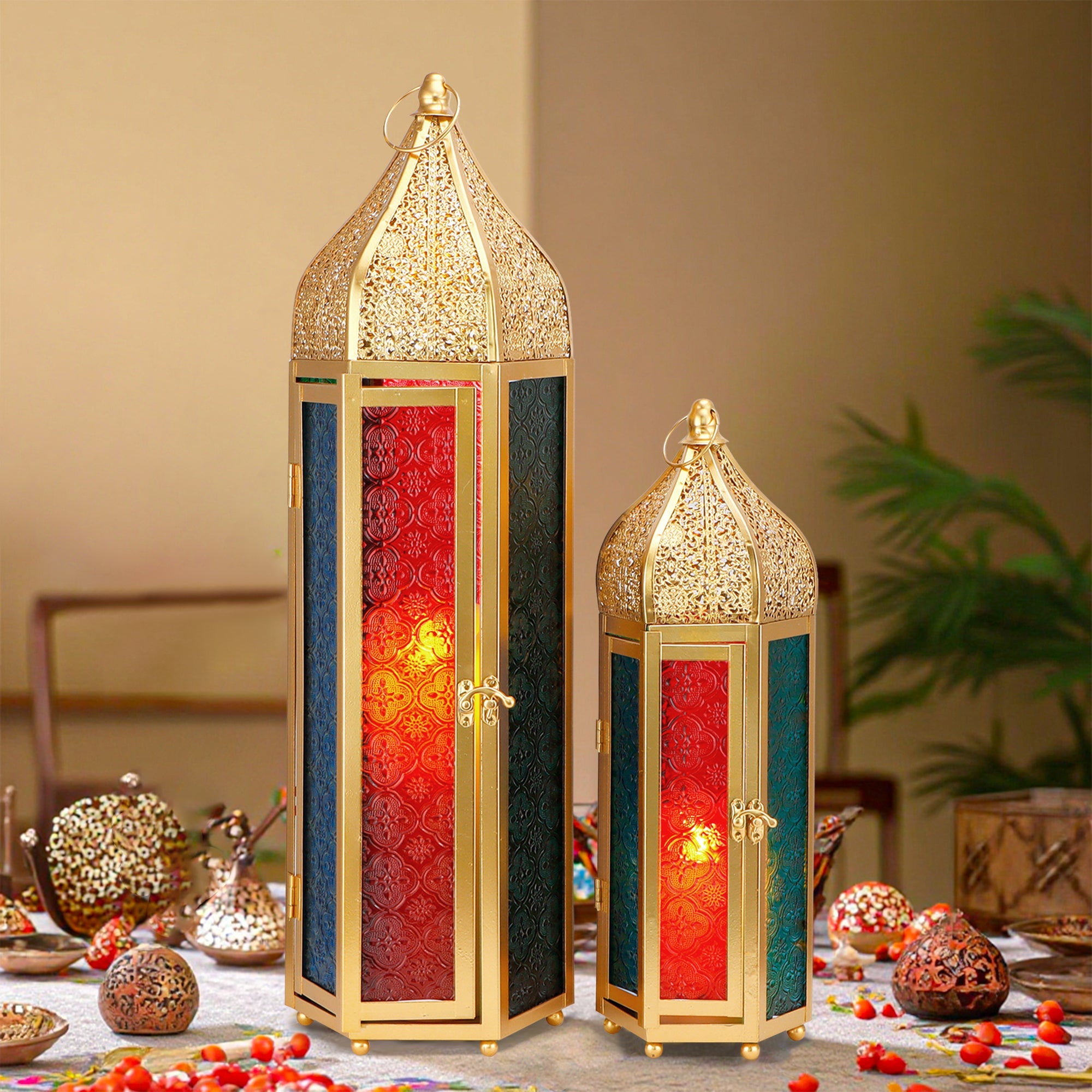 Set of 2 Decorative Ramadan Candle Lanterns - Metal, Tempered Glass, Hanging Tealight, Moroccan Style, Indoor/Outdoor Party Decor-0