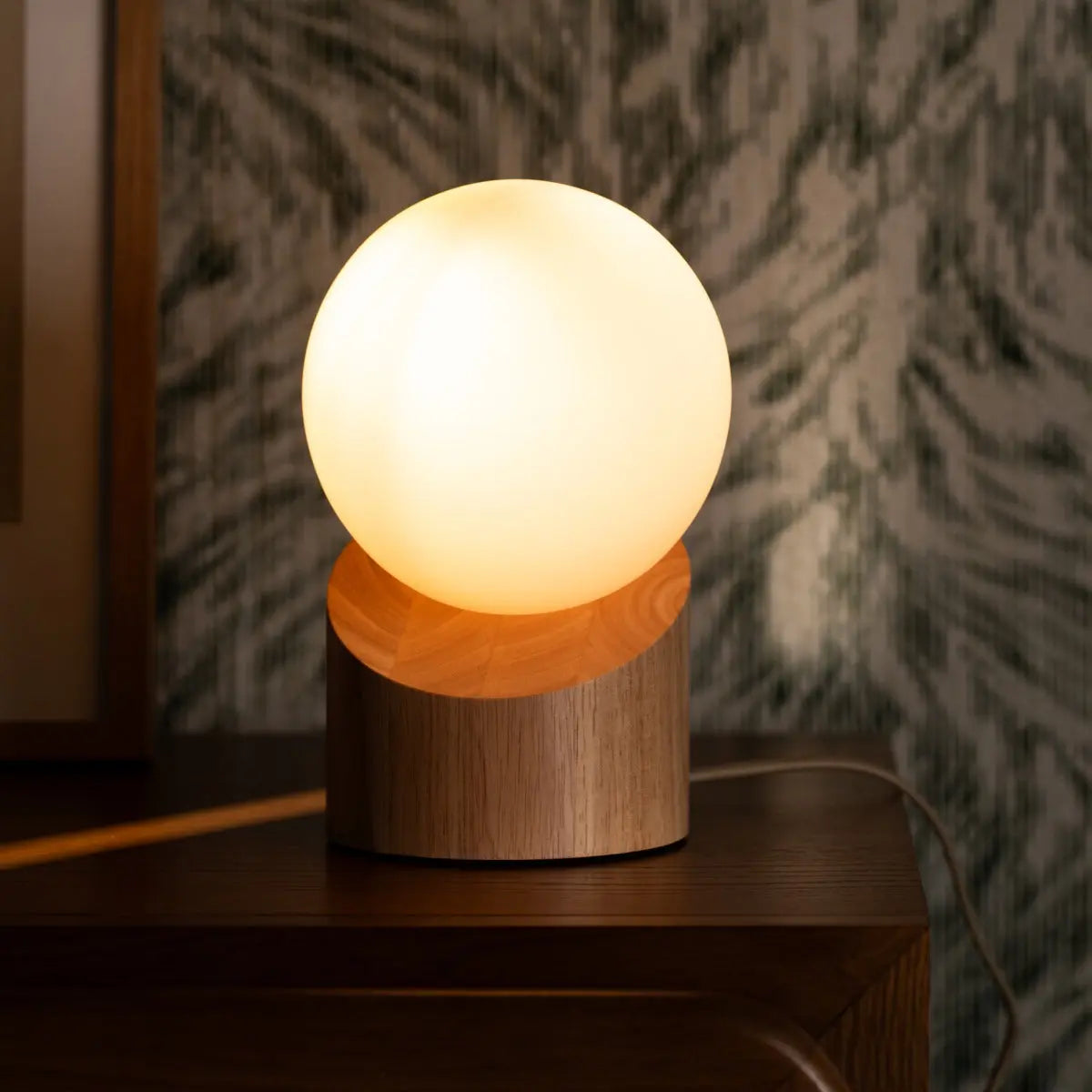 Quin Wooden Lamp with Cord - Sustainable Rubberwood & Frosted Glass-0