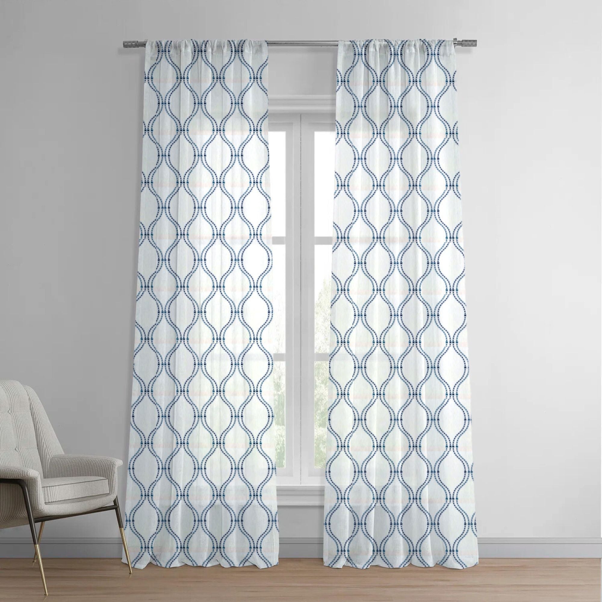 White & Navy Linen Sheer Curtains | Embroidered Ogee Trellis Design | Custom Sizes & Headings-0