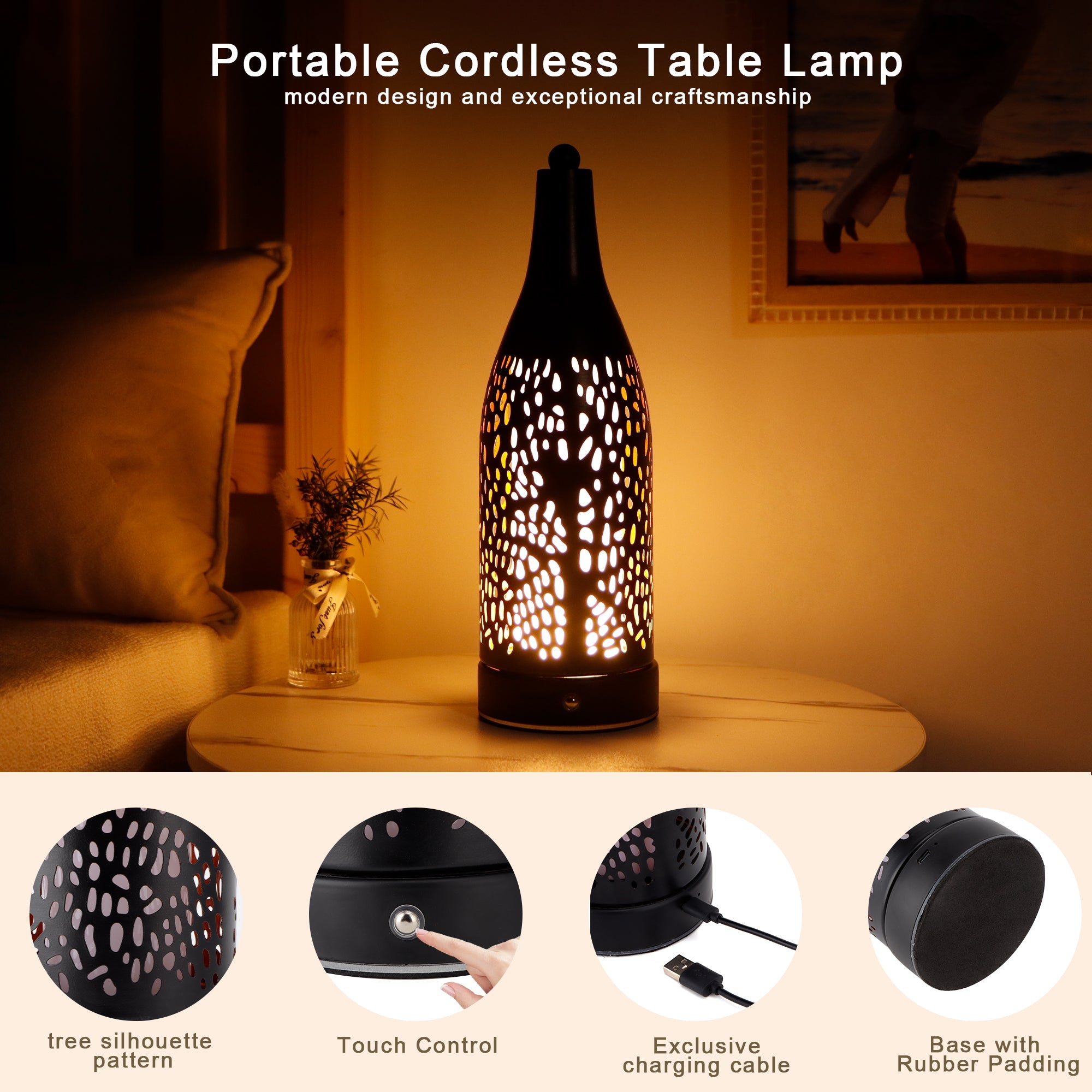 Cordless Table Lamp: 4000mAh Rechargeable, 3-Step Touch Dimmable (Cozy Lights)-3