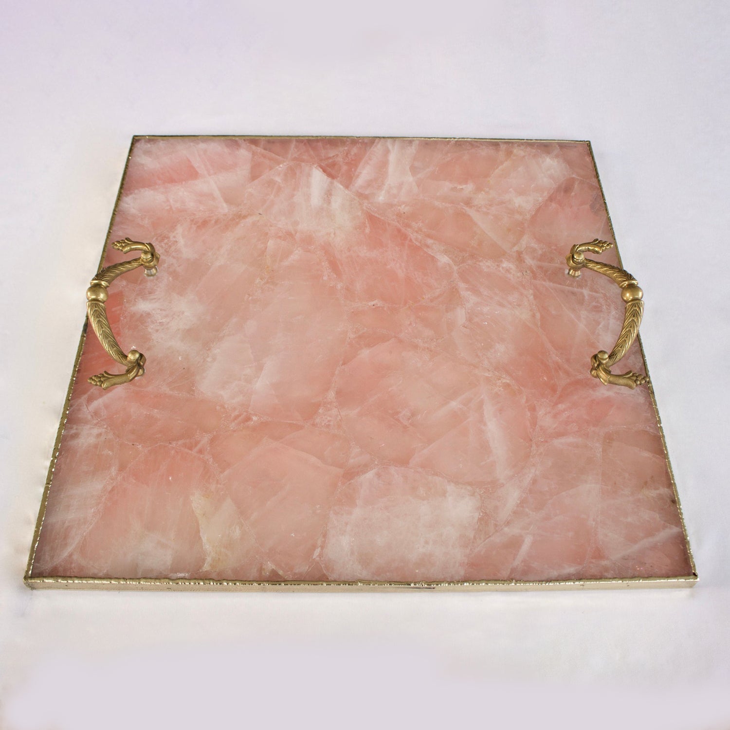 Rose Quartz Agate Serving Tray With Brass Handles | Square-3