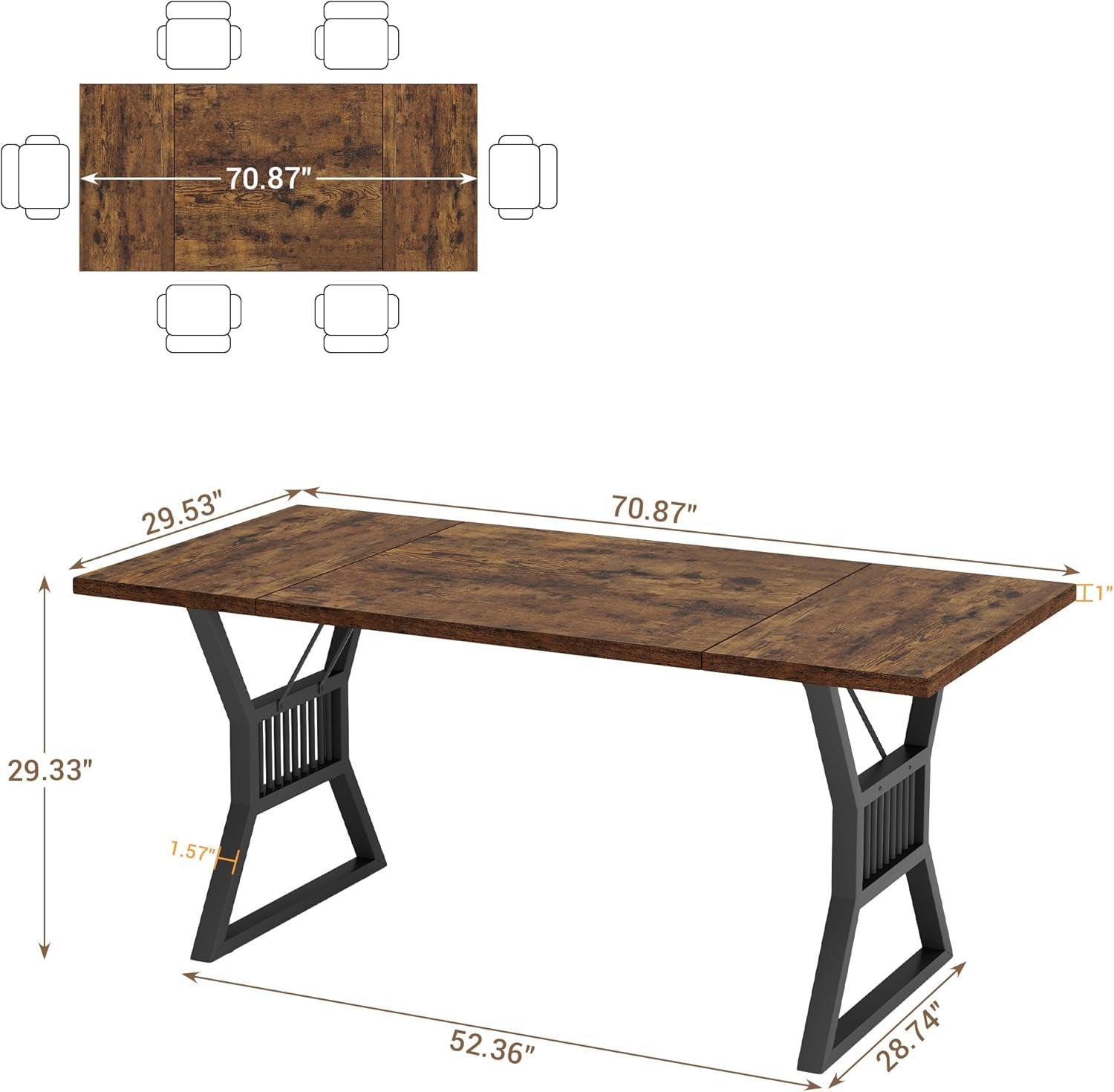 70.8 Inch Farmhouse Dining Table With Heavy Duty Metal Legs