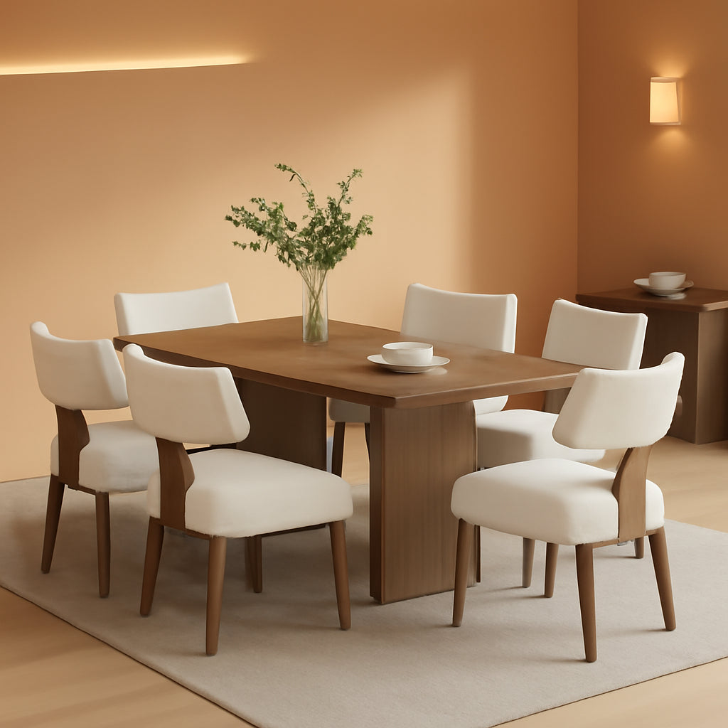 Beige Linen Fabric Upholstered Dining Chairs Curved Back