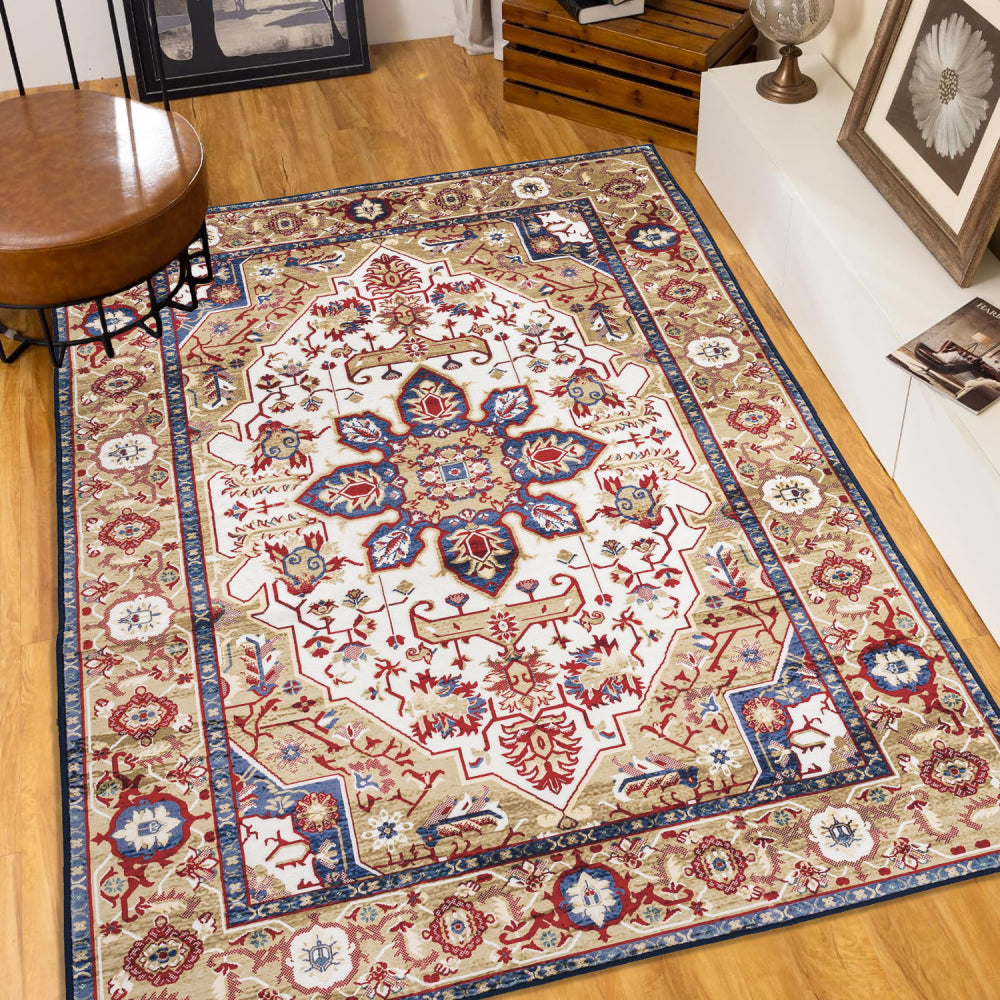 6×9 Vintage Bohemian Persian Area Rug | Washable Non-Slip Floral Design in Blue & Gold — For Living Room, Bedroom & Kitchen