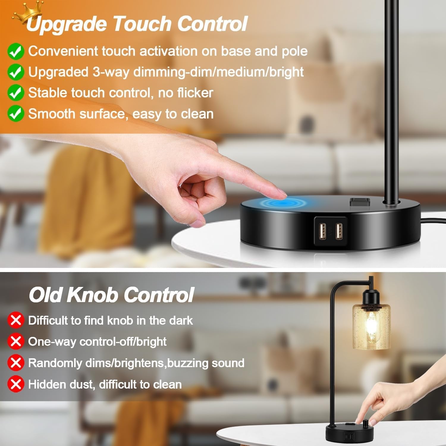 Black Industrial Touch Control Table Lamps With USB Ports