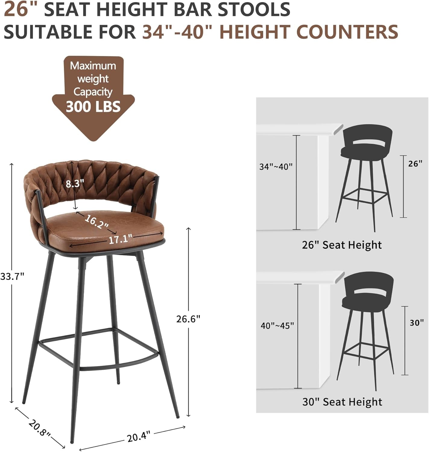 Elegant Swivel Bar Stools Set of Two 26 Inch