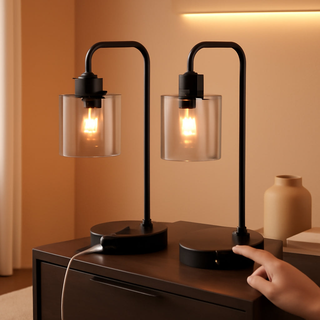 3-Way Dimmable USB Table Lamps With Gray Glass Shade Pair