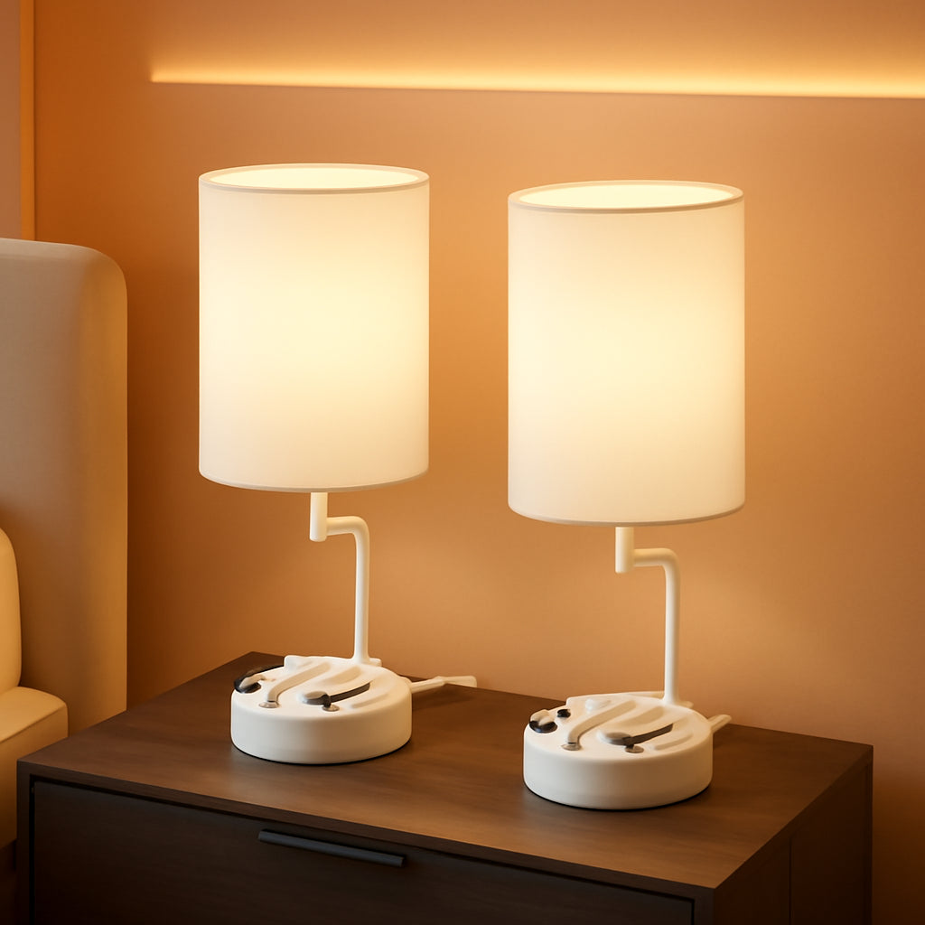 Table Lamp With 3 USB Ports White Finish For Home Office