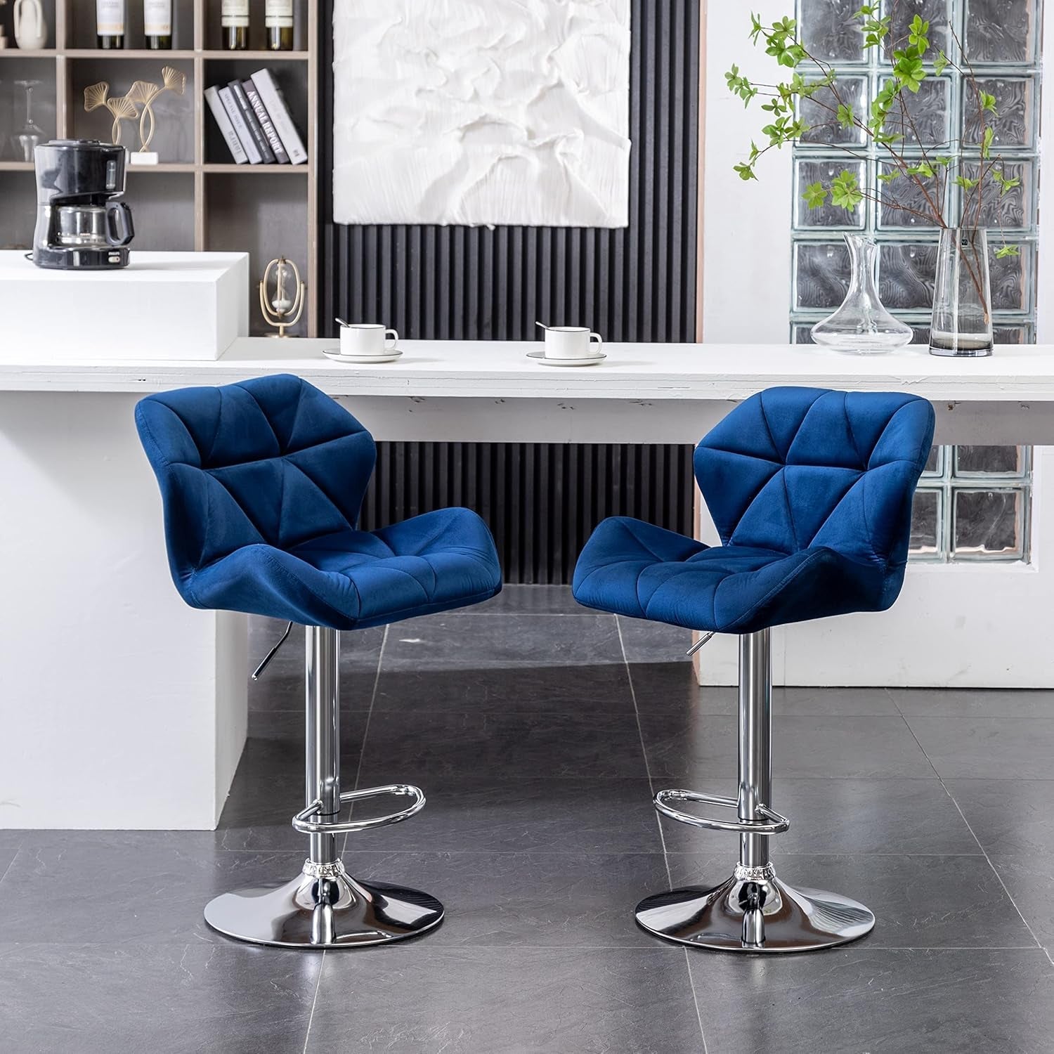 Velvet Diamond Tufted Swivel Barstools Blue Adjustable Height Set of 2