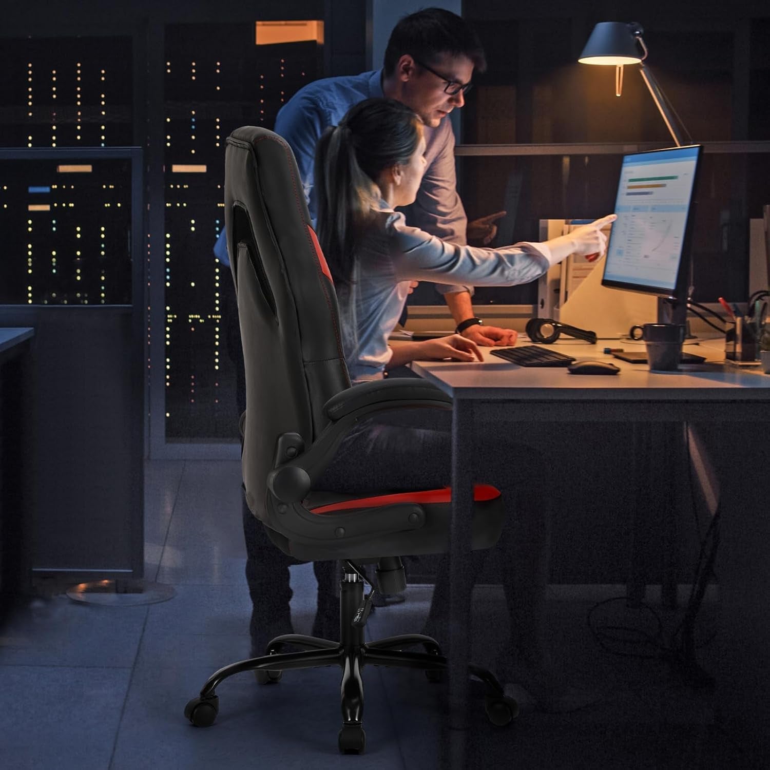 Black Red Leather Gaming Chair With Flip Up Armrests