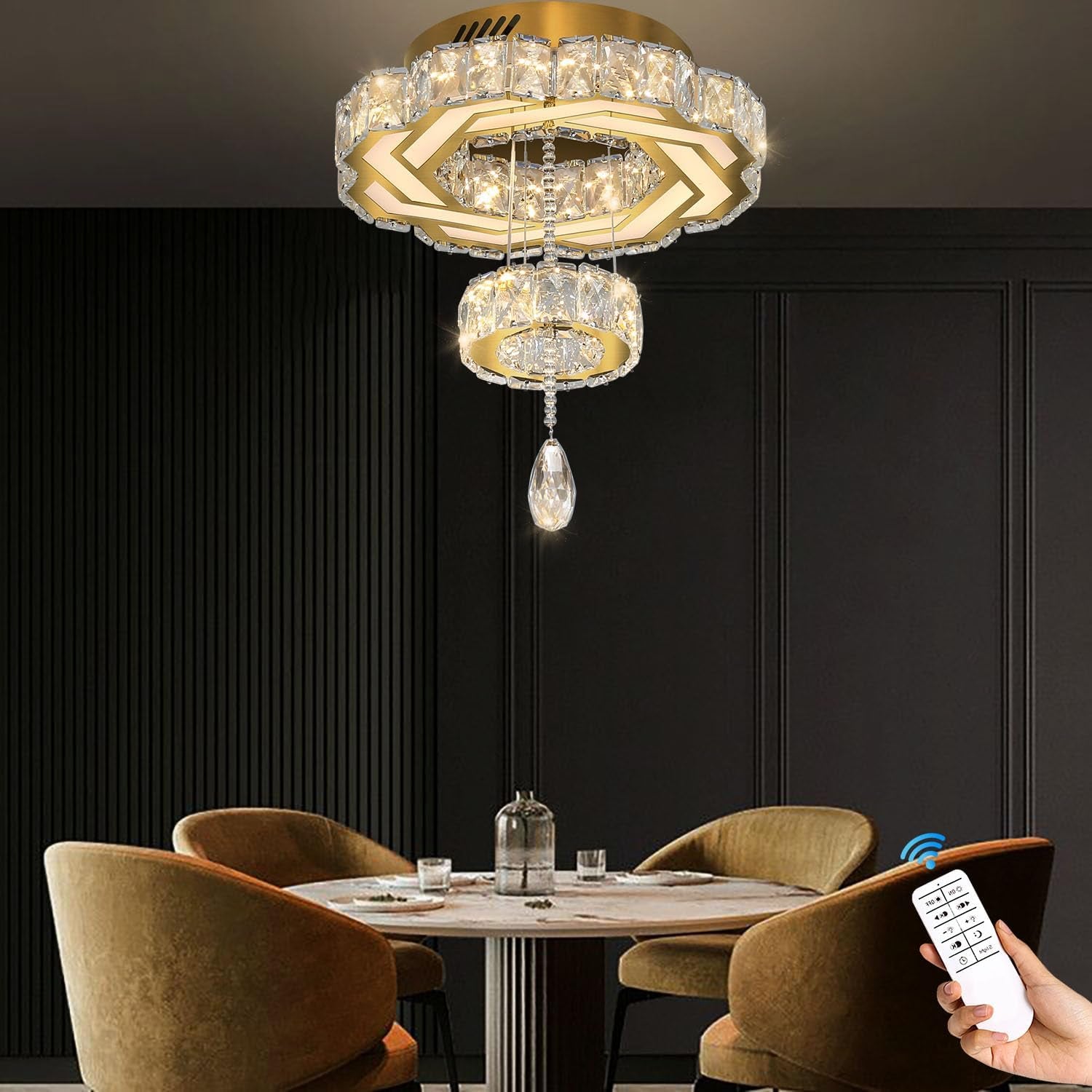 Gold Crystal Chandelier TwelveInch Dimmable Flush Mount-2