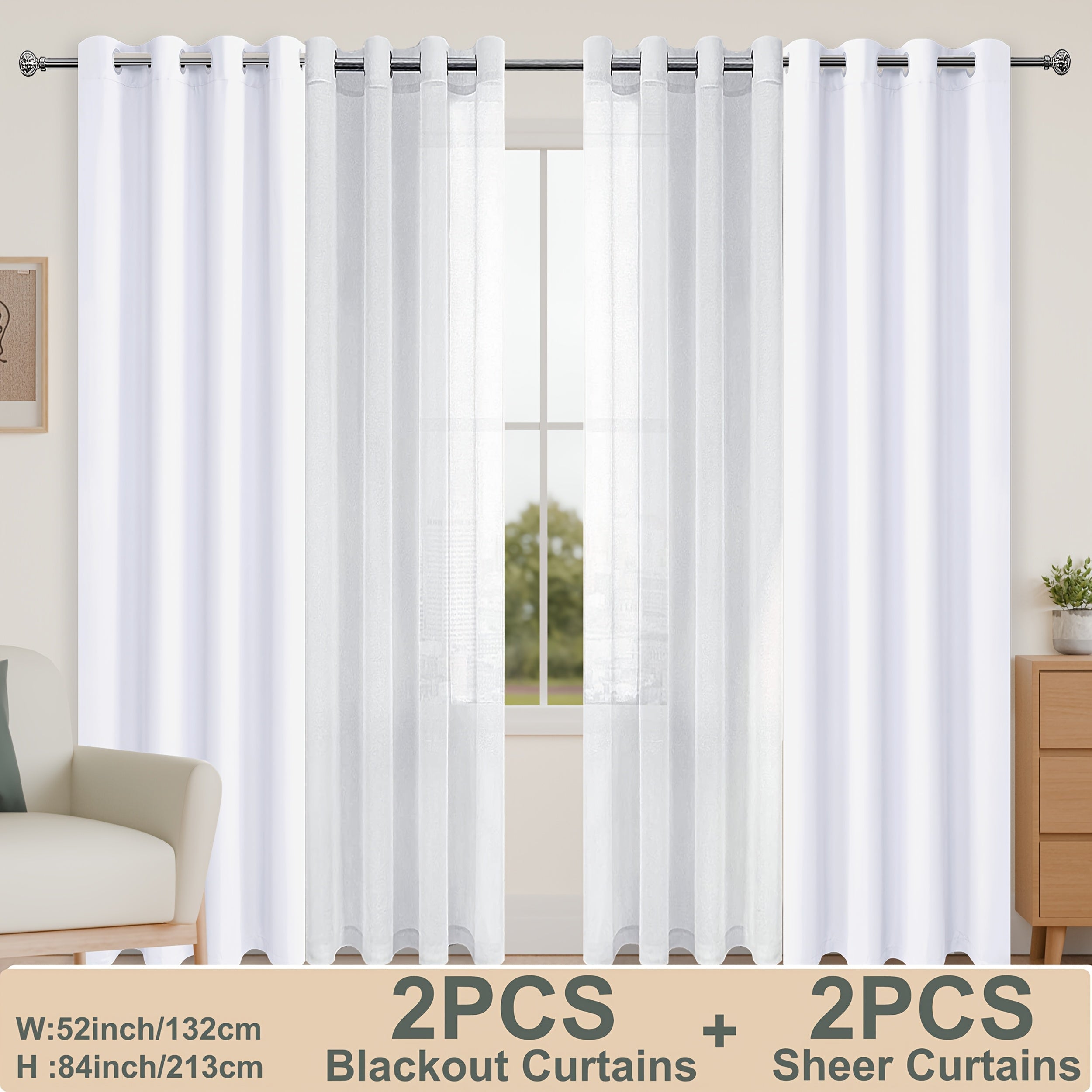 4pcs/SET Curtains - 2pcs Blackout Curtains with Tiebacks And 2pcs Sheer Curtains-5