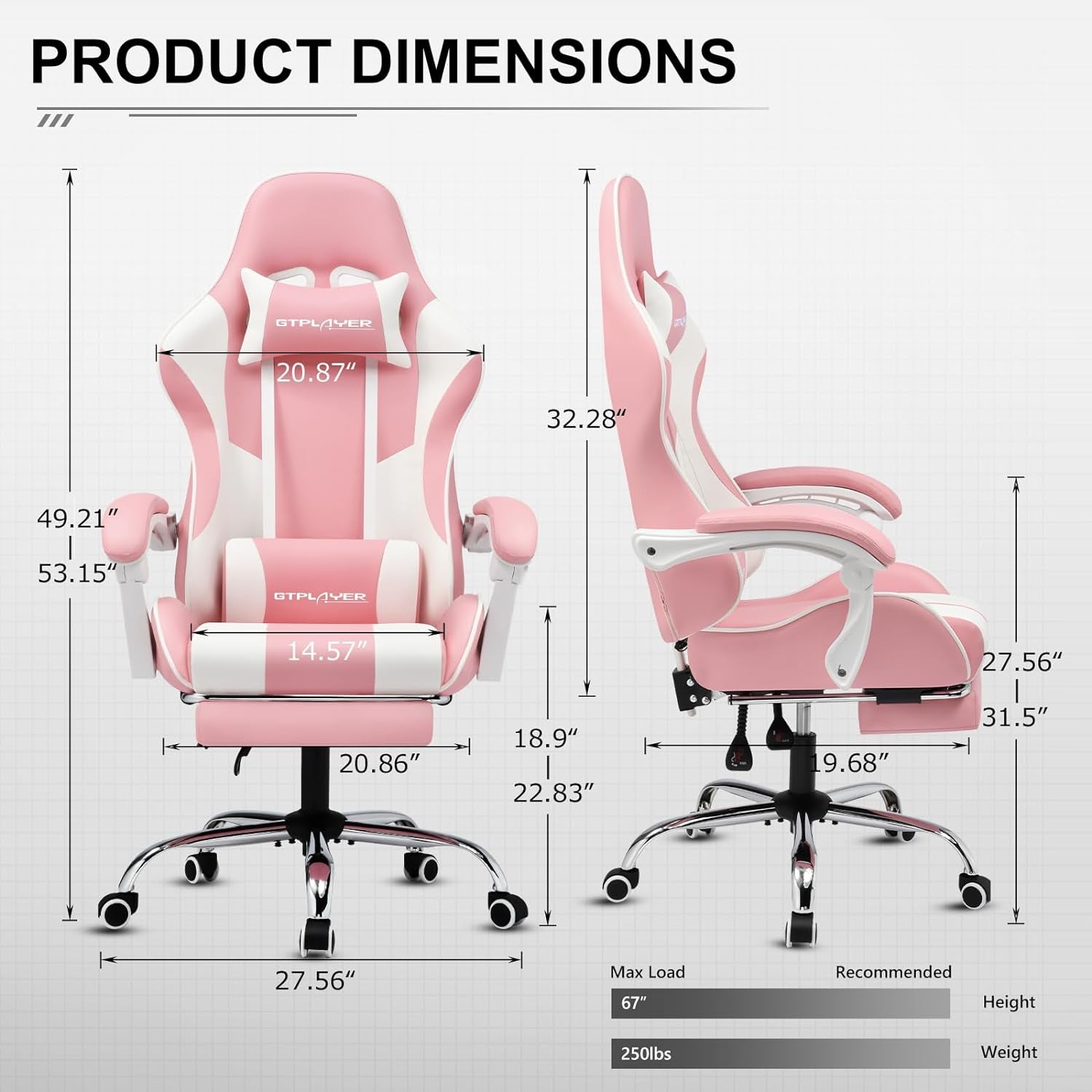 Pink Gaming Chair With Footrest And Lumbar Support Height Adjustable