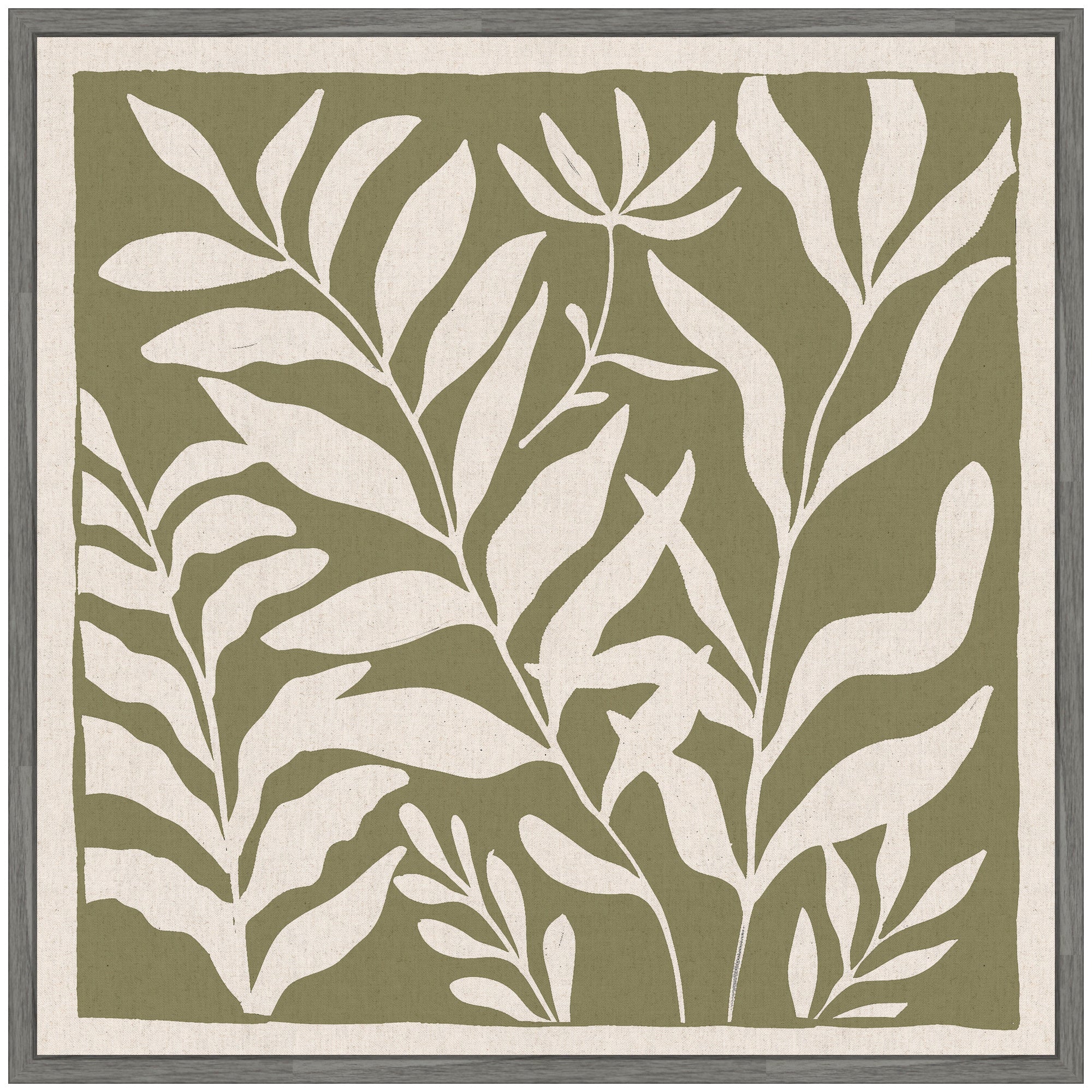 Sylvie Modern Minimalist Botanical Green and Neutral Linen Framed Canvas by The Creative Bunch Studio