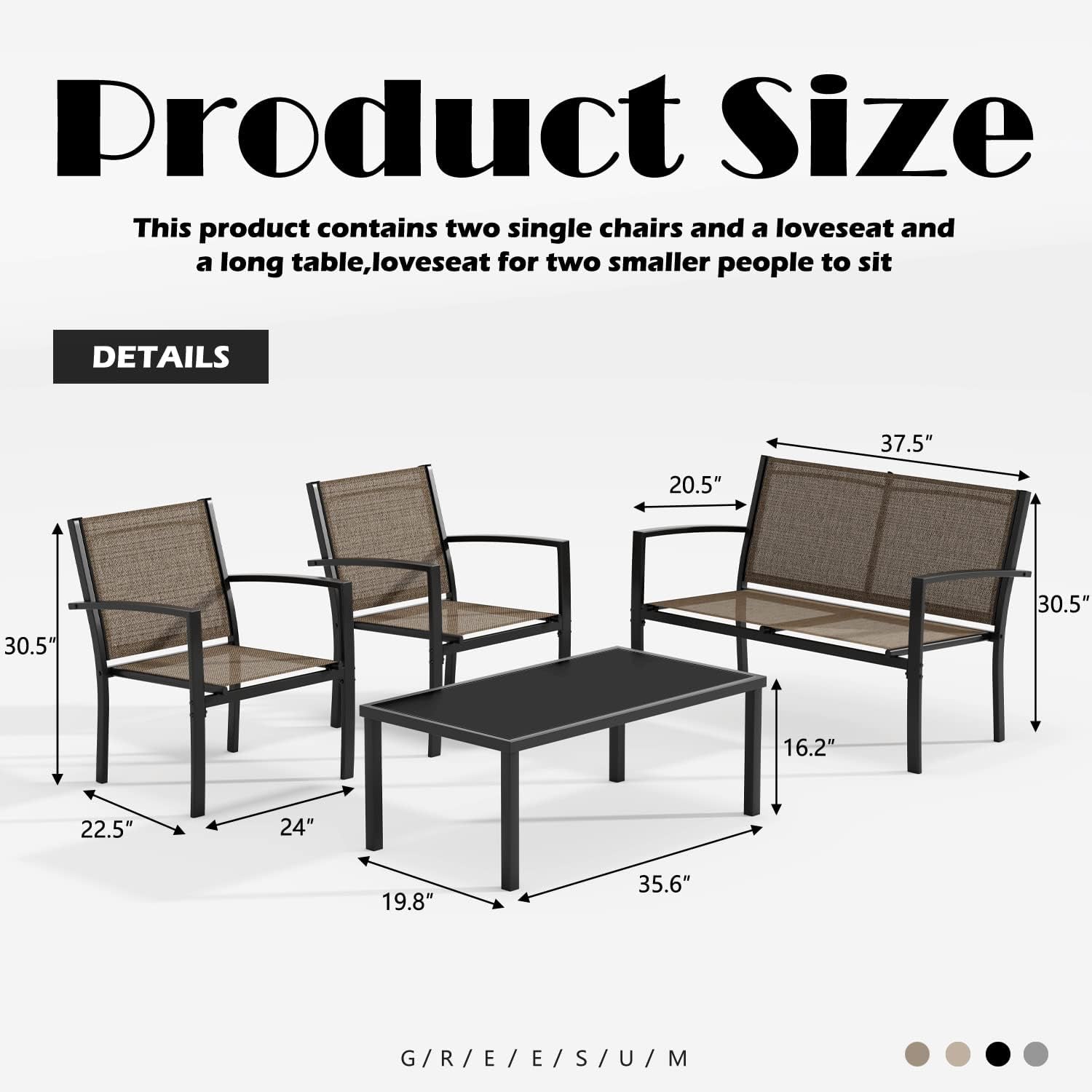 4 Piece Patio Furniture Set With Glass Coffee Table Brown