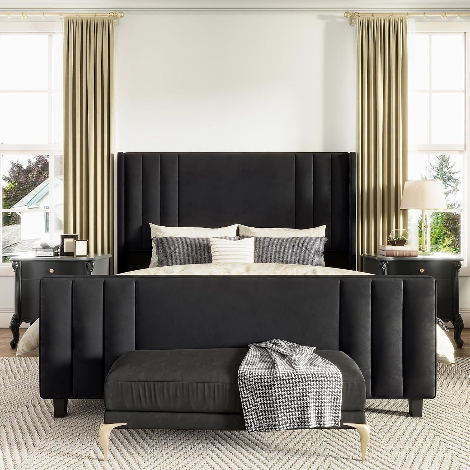 Velvet Queen Platform Bed Frame With Tufted Black Headboard