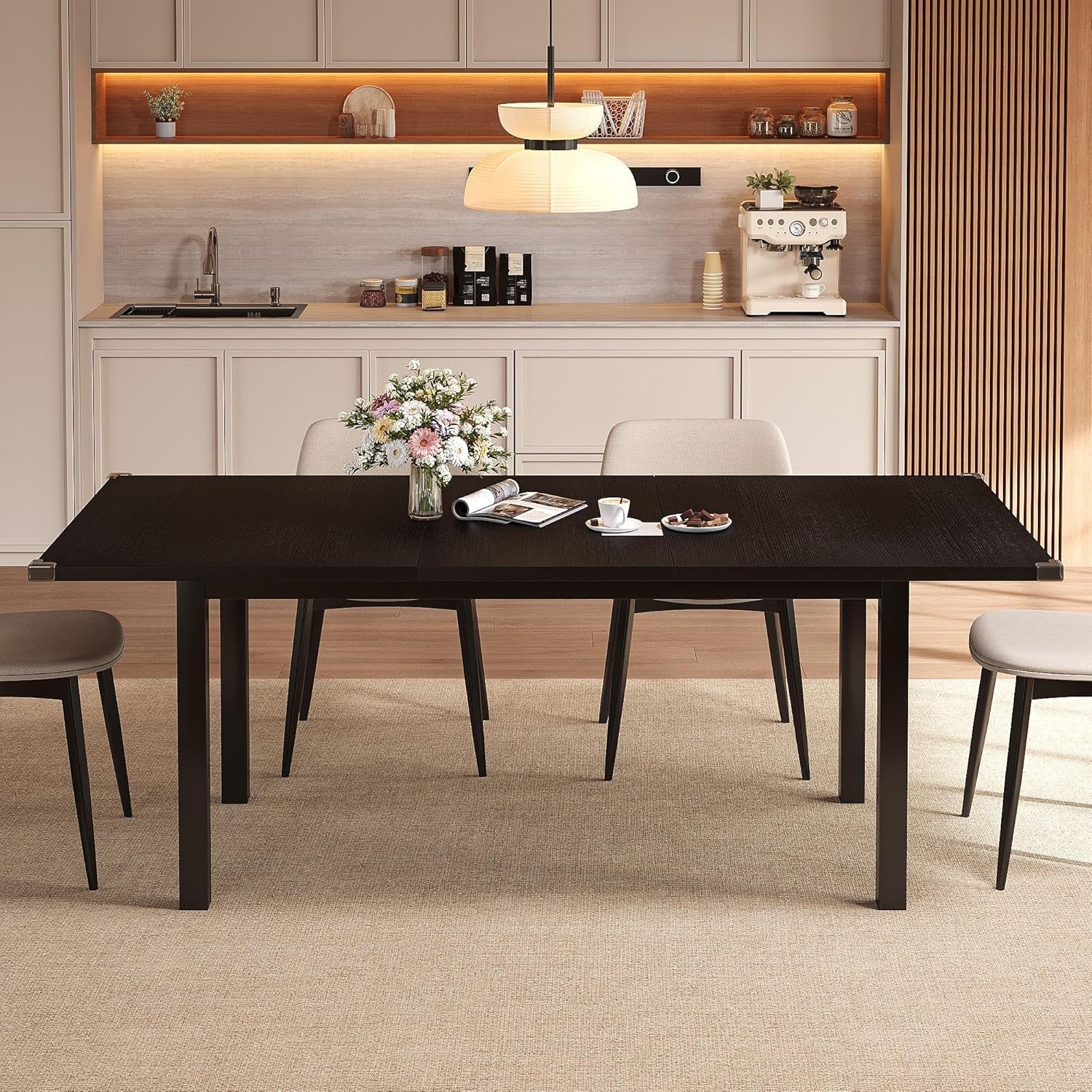 Black Extendable Dining Table 63 Inch For 4 To 6 Guests