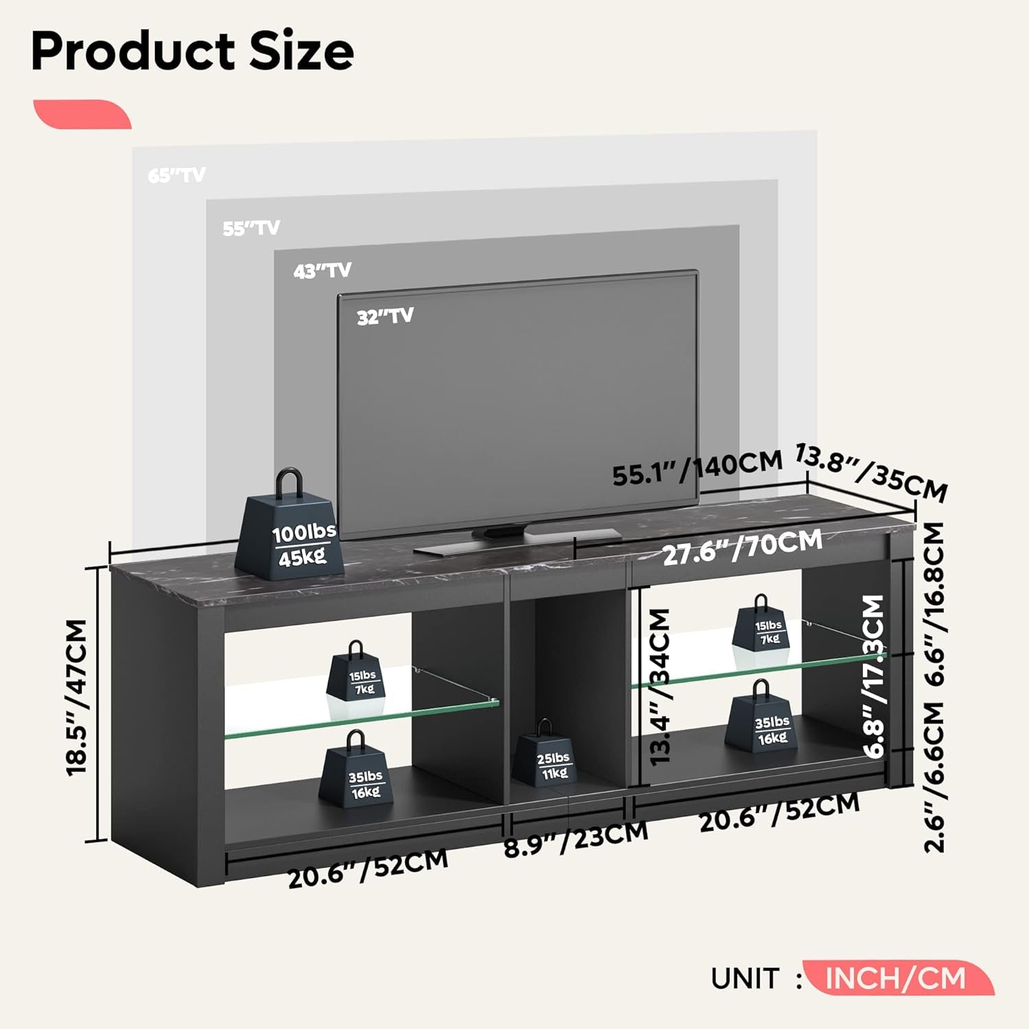 RGB LED Gaming TV Stand For 55Inch TV With Adjustable Glass Shelves Black Marble