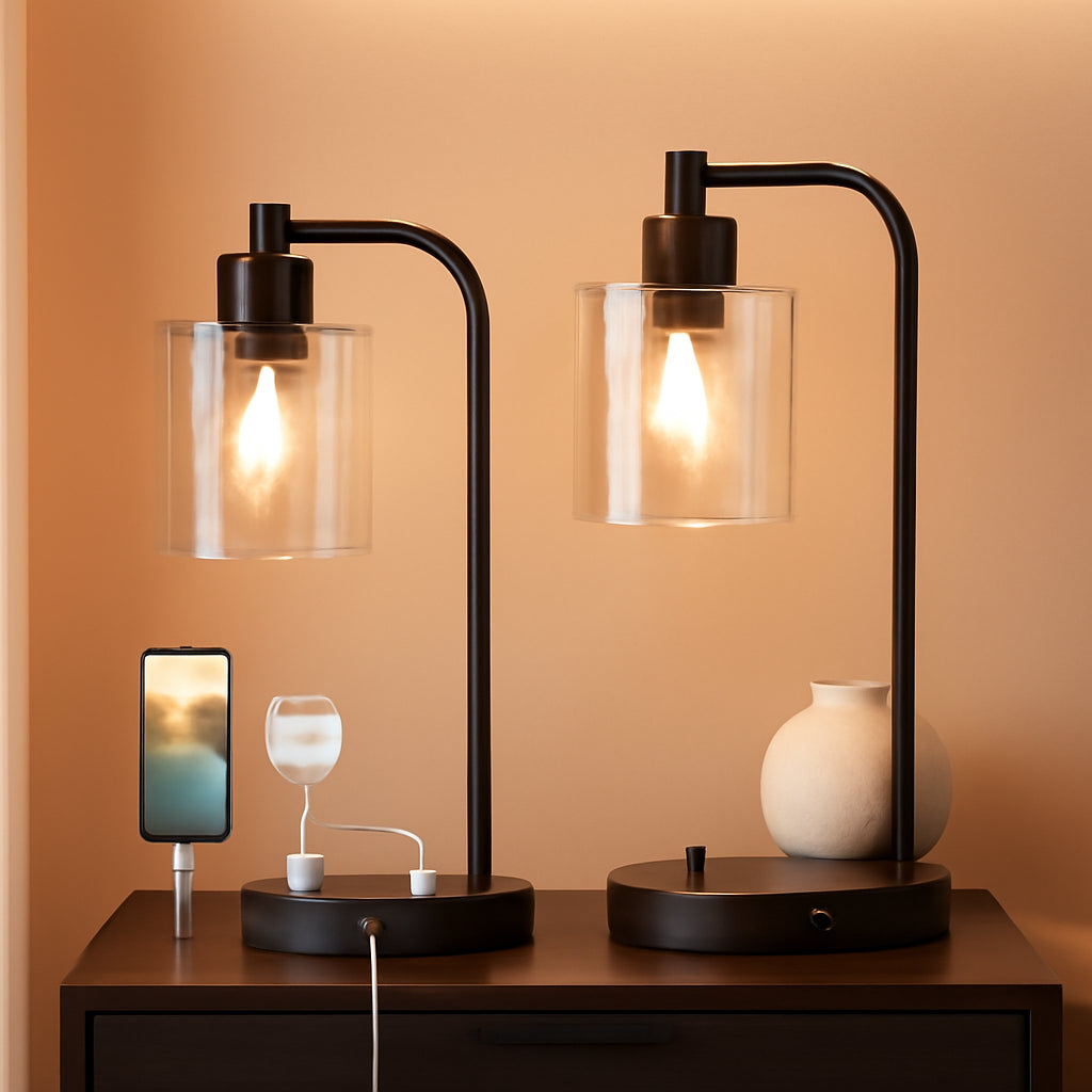 Set Of 2 Industrial Table Lamps With USB Ports And Stepless Dimming
