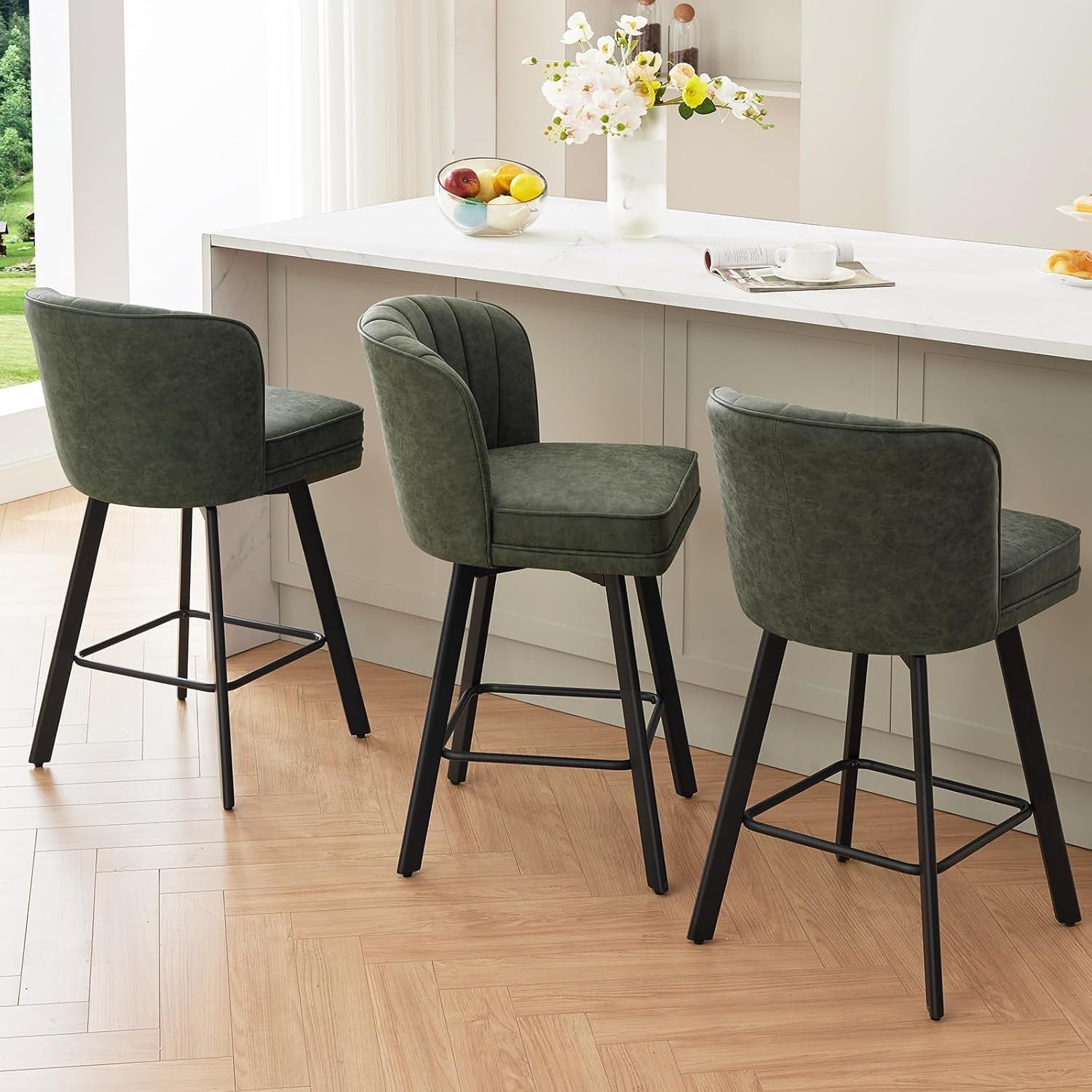 Swivel Counter Height Bar Stools Set of 4 26 Inch Green Faux Leather