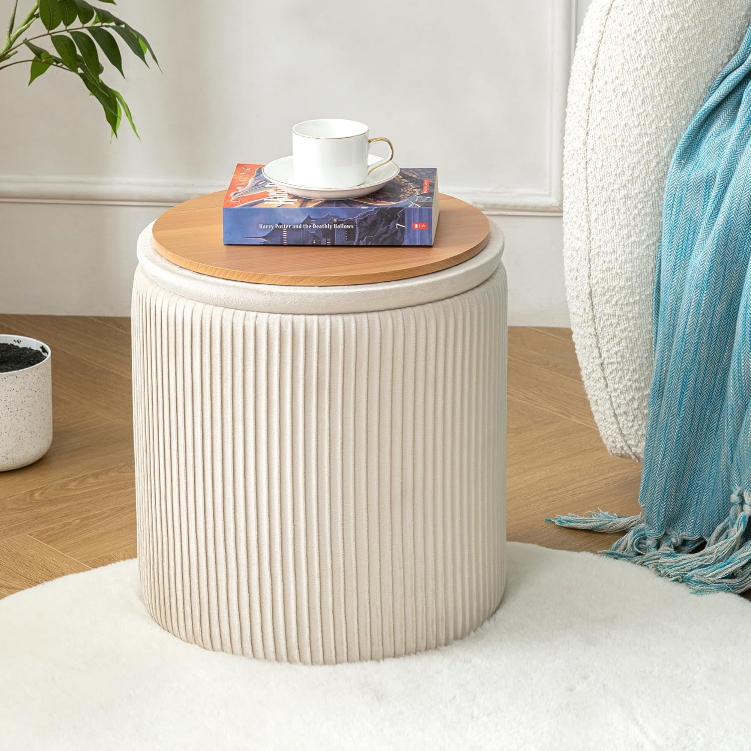 Beige Velvet Storage Ottoman With Hidden Compartment