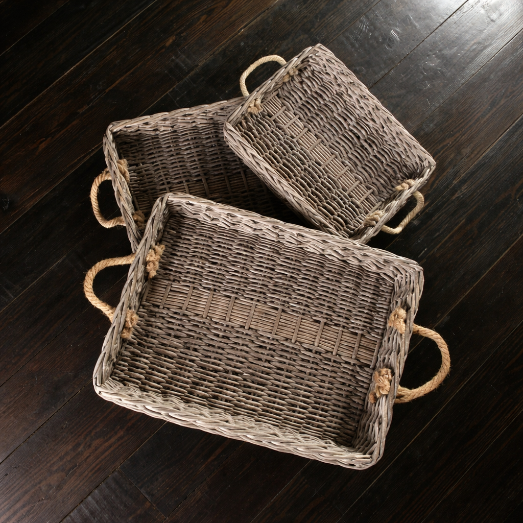 Set Of 3 Rectangular Willow Trays with Jute Handles