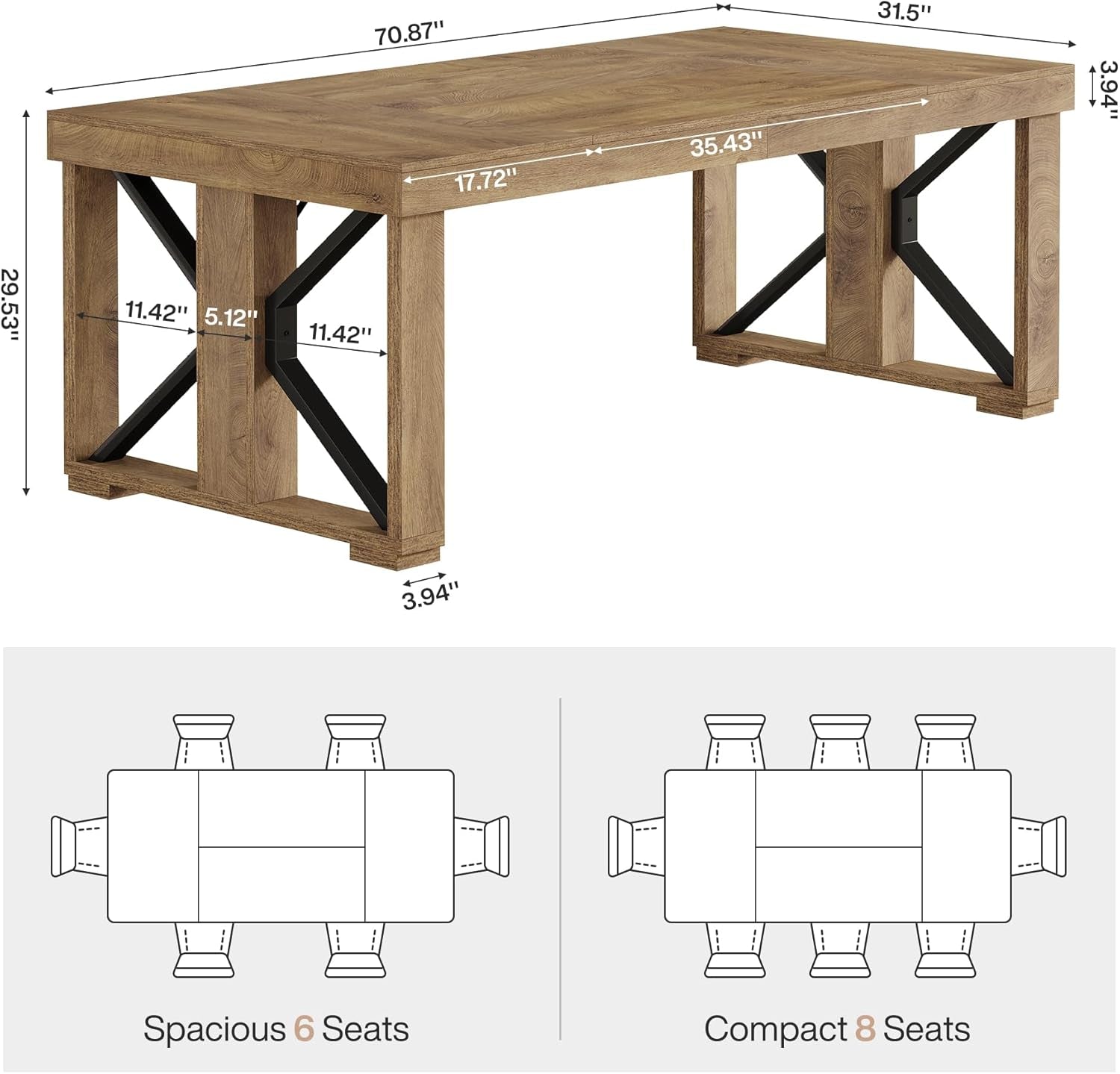 Walnut Wood Rectangular Dining Table 70.87 Inches Seats Six To Eight