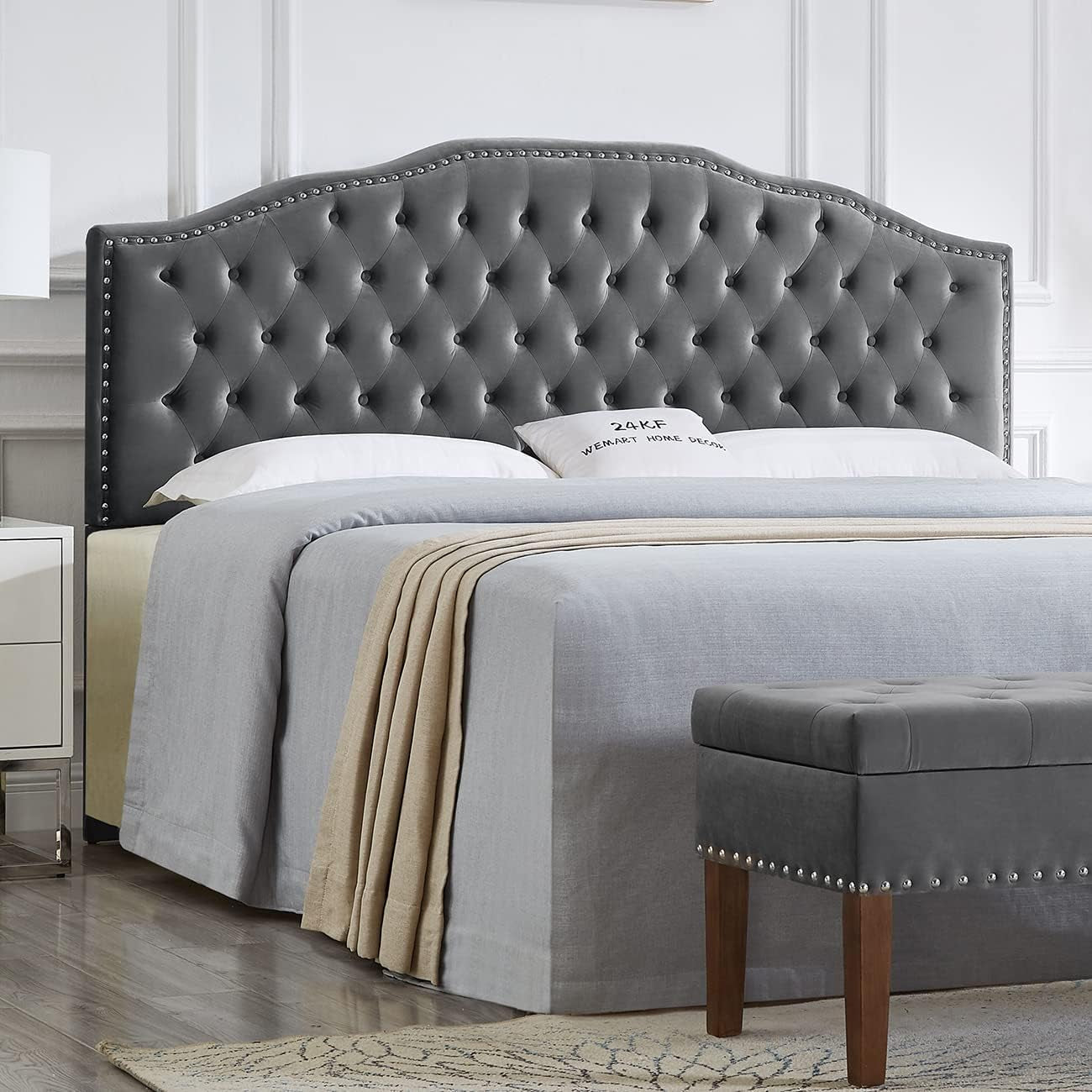 Upholstered Tufted King Size Headboard with Nailhead Trim