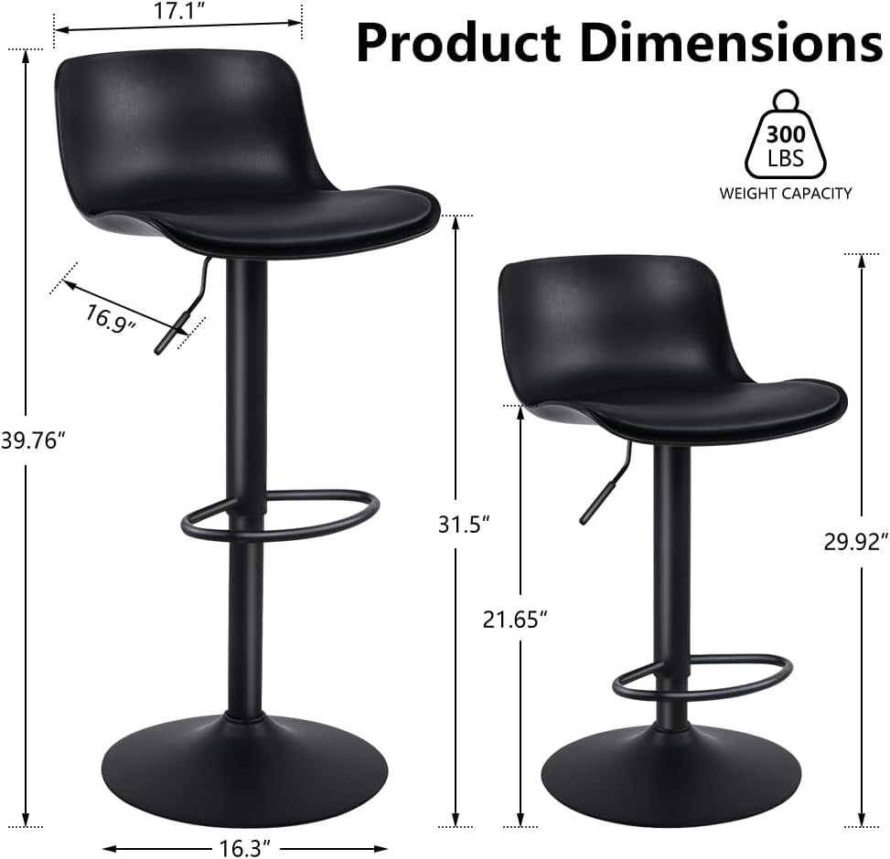 Adjustable Black Bar Stools Set of Two Modern