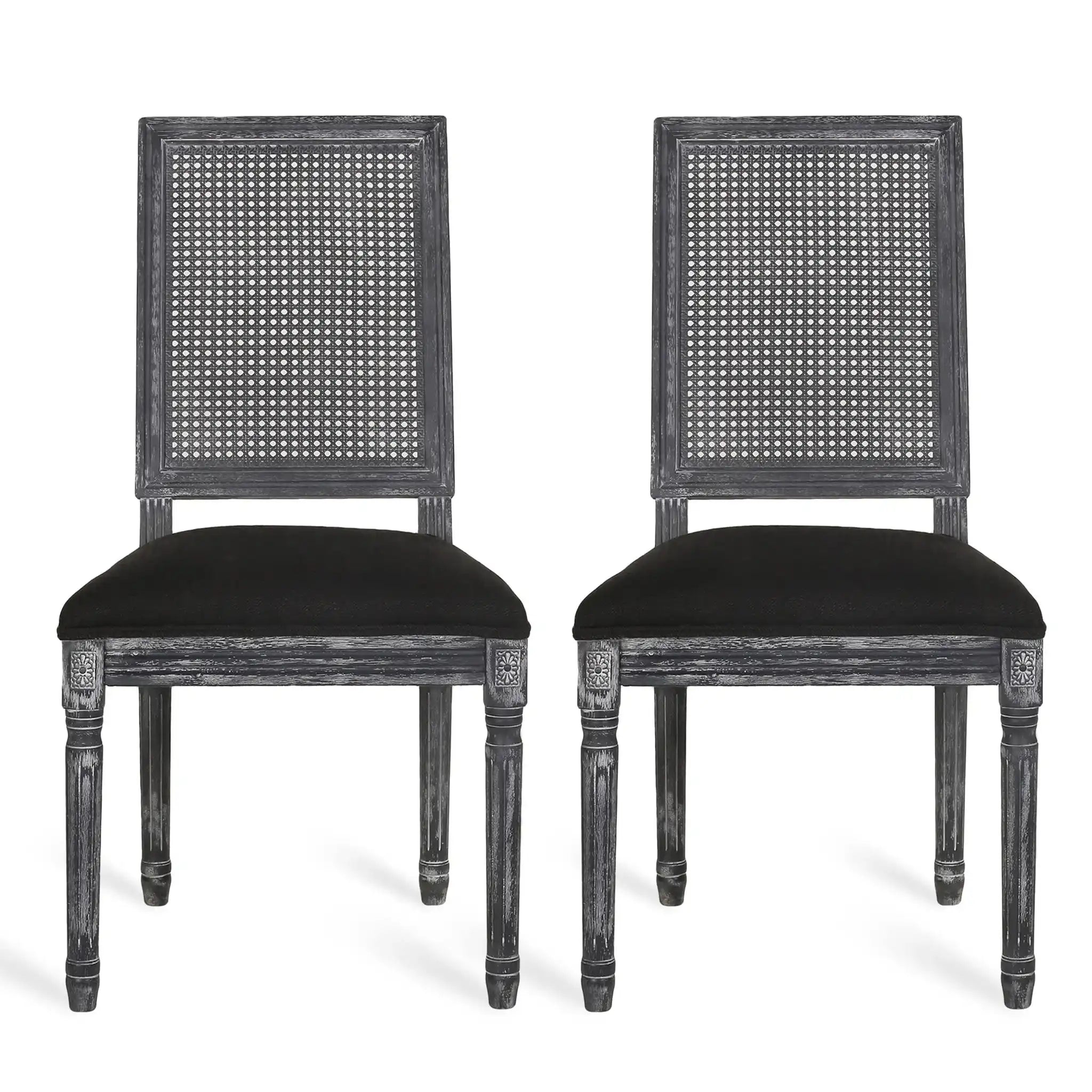 French Country Dining Chair With Rectangular Cane Backrest And Smooth Upholstered Seating
