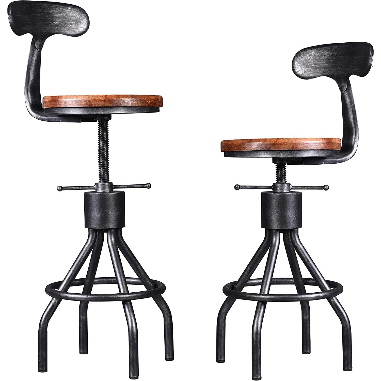 Adjustable Rustic Industrial Bar Stool Brown Seat Set of 2