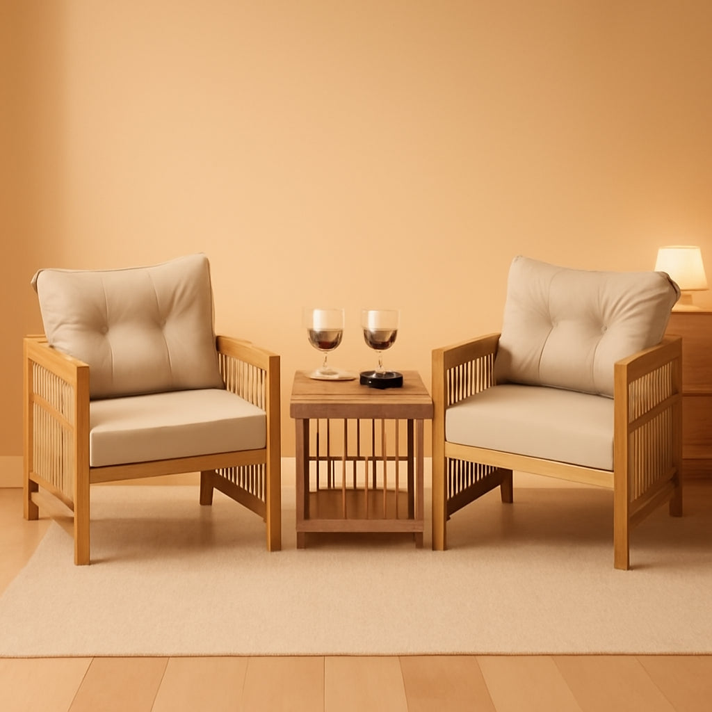 3 Piece Acacia Wood Patio Furniture Set With Beige PE Wicker Cushioned Chairs And Coffee Table